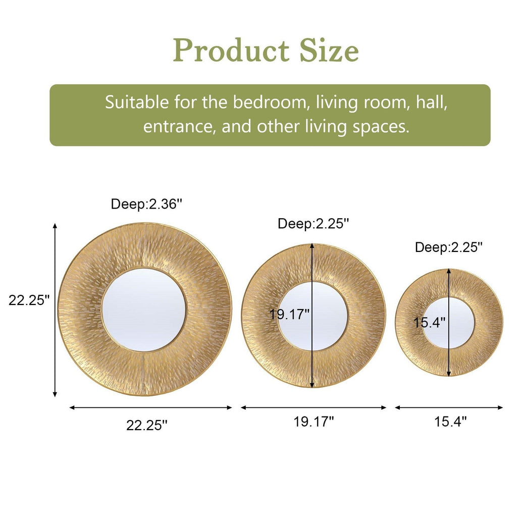 3-teiliges Set runder Wandspiegel aus goldfarbenem Metall – 22,25 cm Durchmesser x 2,36 cm Tiefe