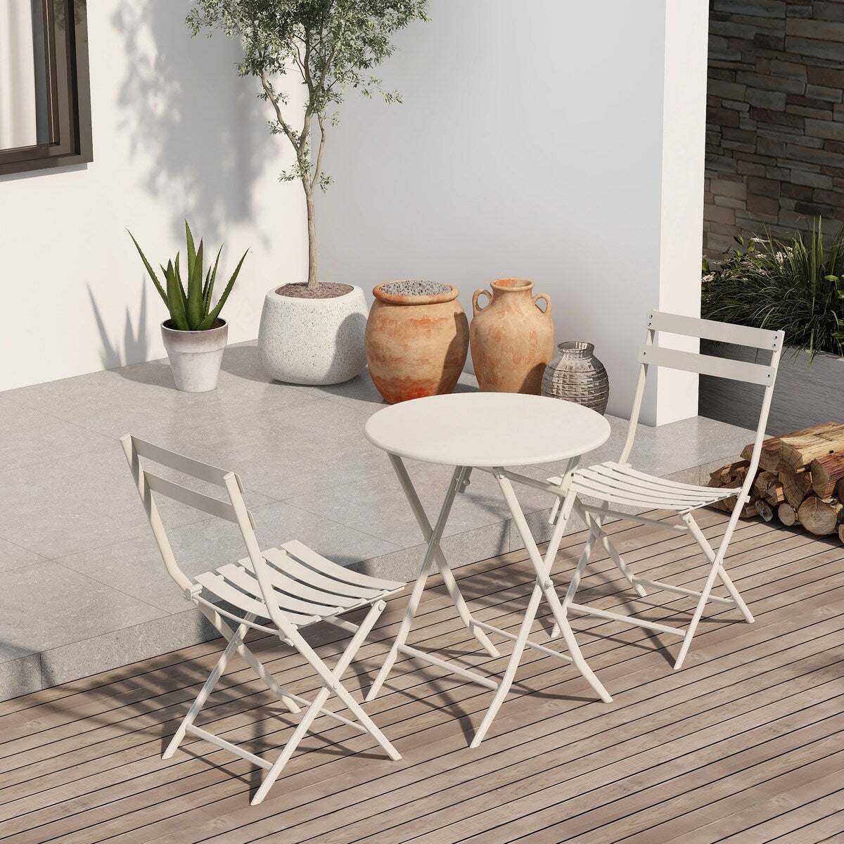3-teiliges minimalistisches Bistro-Set für die Terrasse, bestehend aus klappbarem runden Tisch und Stühlen – 3-teiliges Terrassen-Bistro-Set