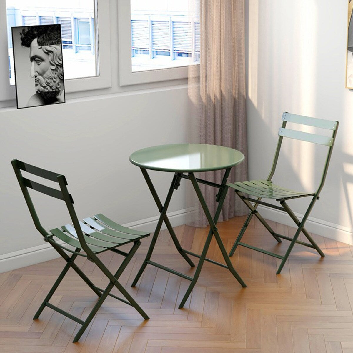3-teiliges minimalistisches Bistro-Set für die Terrasse, bestehend aus klappbarem runden Tisch und Stühlen – 3-teiliges Terrassen-Bistro-Set