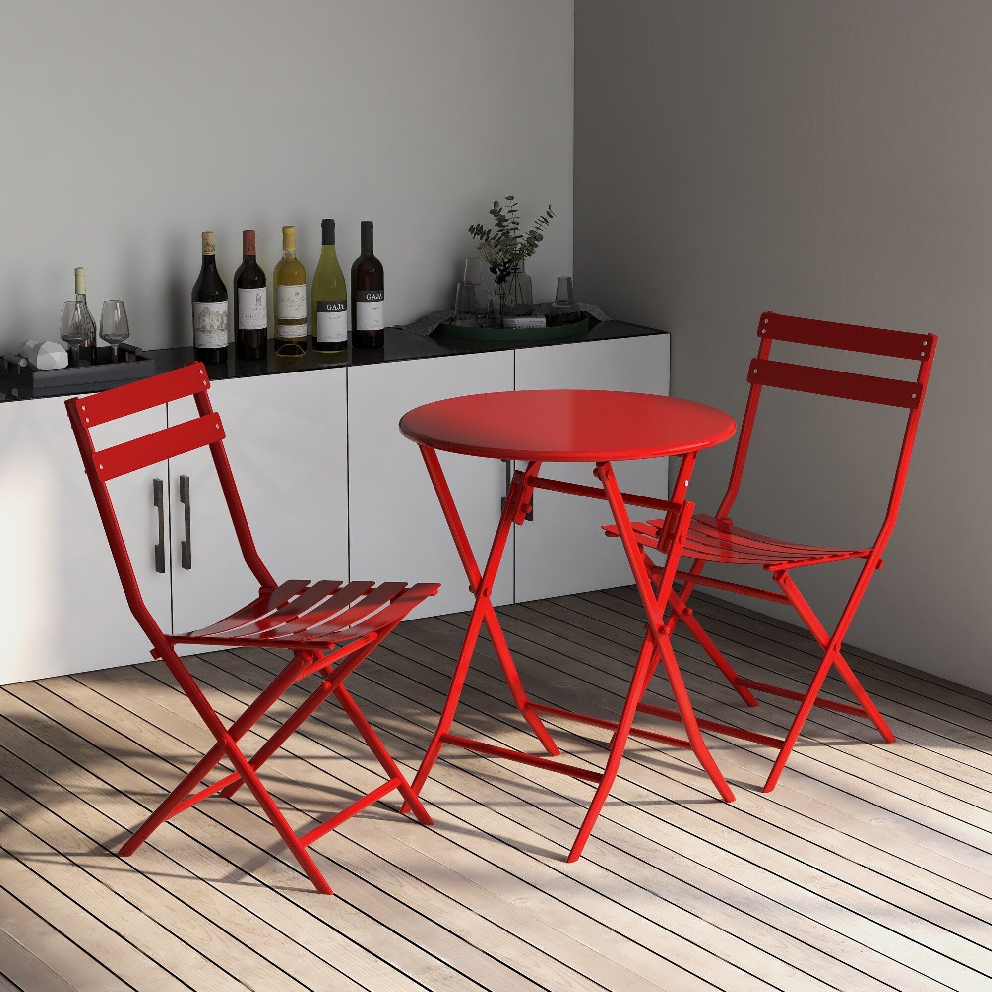 3-teiliges minimalistisches Bistro-Set für die Terrasse, bestehend aus klappbarem runden Tisch und Stühlen – 3-teiliges Terrassen-Bistro-Set