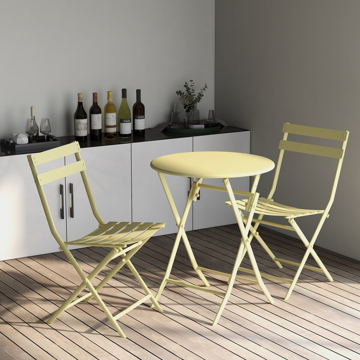 3-teiliges minimalistisches Bistro-Set für die Terrasse, bestehend aus klappbarem runden Tisch und Stühlen – 3-teiliges Terrassen-Bistro-Set