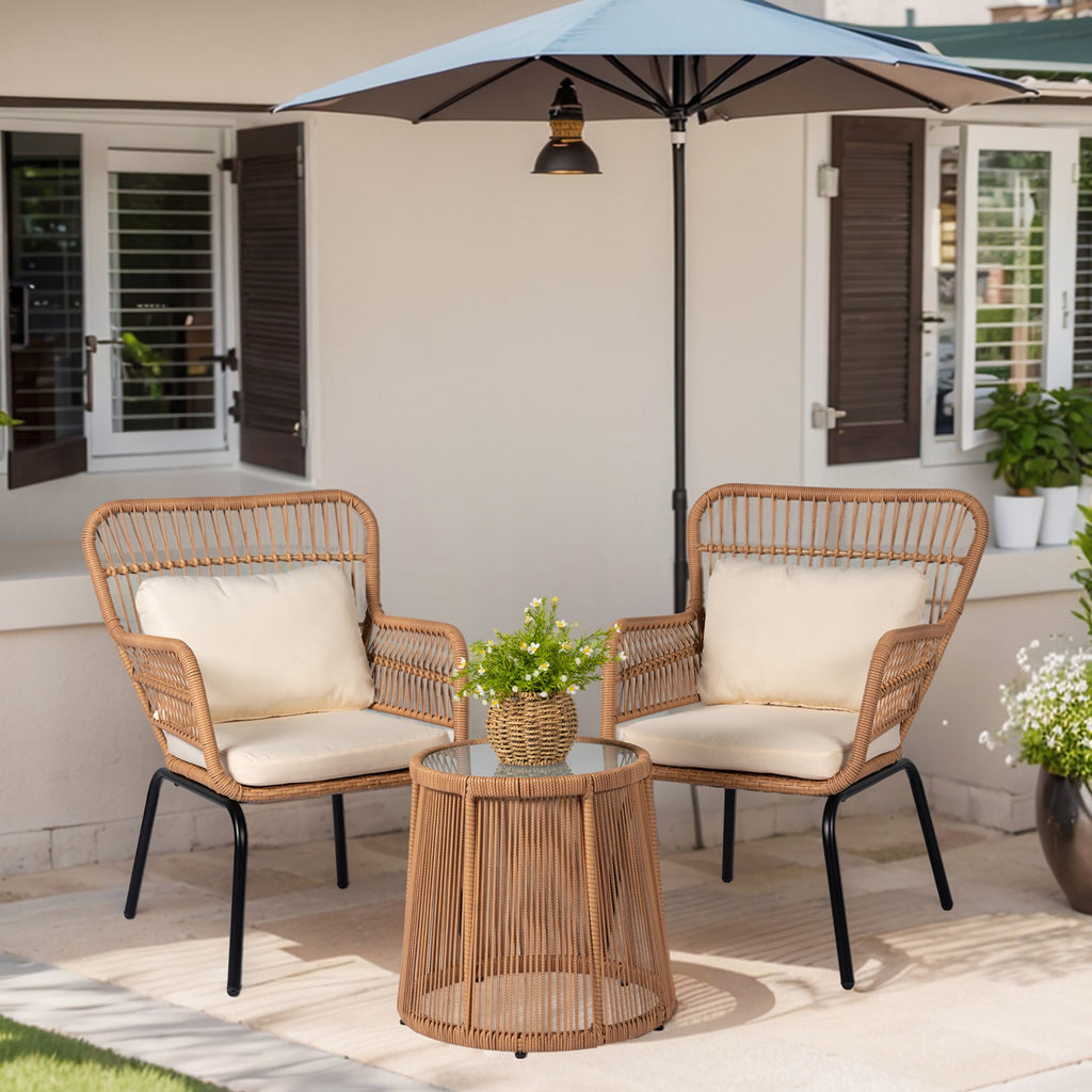 3-teiliges Bistro-Set aus Rattan für den Außenbereich, wetterfeste Rattanmöbel, Terrassenstühle mit Kissen