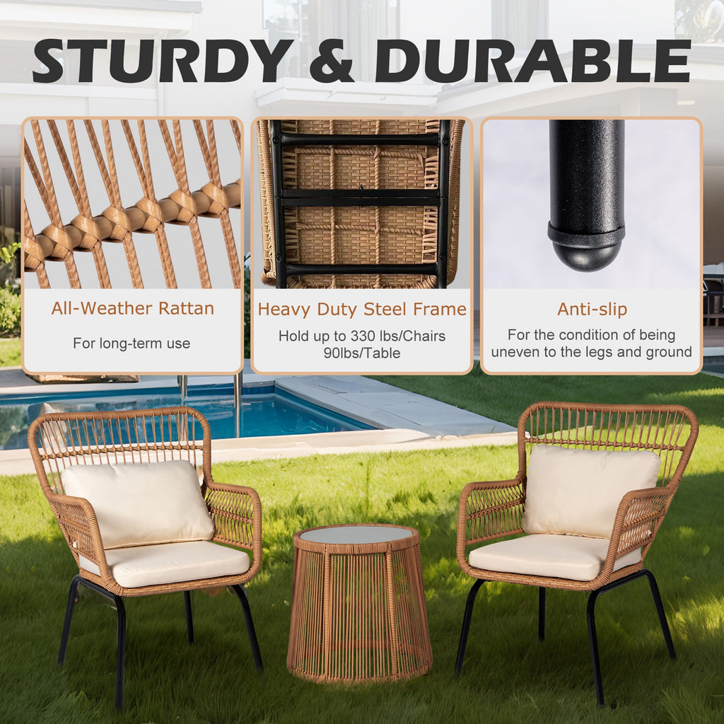 3-teiliges Bistro-Set aus Rattan für den Außenbereich, wetterfeste Rattanmöbel, Terrassenstühle mit Kissen