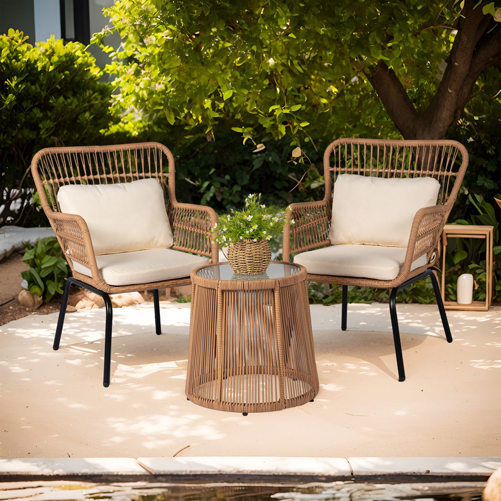 3-teiliges Bistro-Set aus Rattan für den Außenbereich, wetterfeste Rattanmöbel, Terrassenstühle mit Kissen