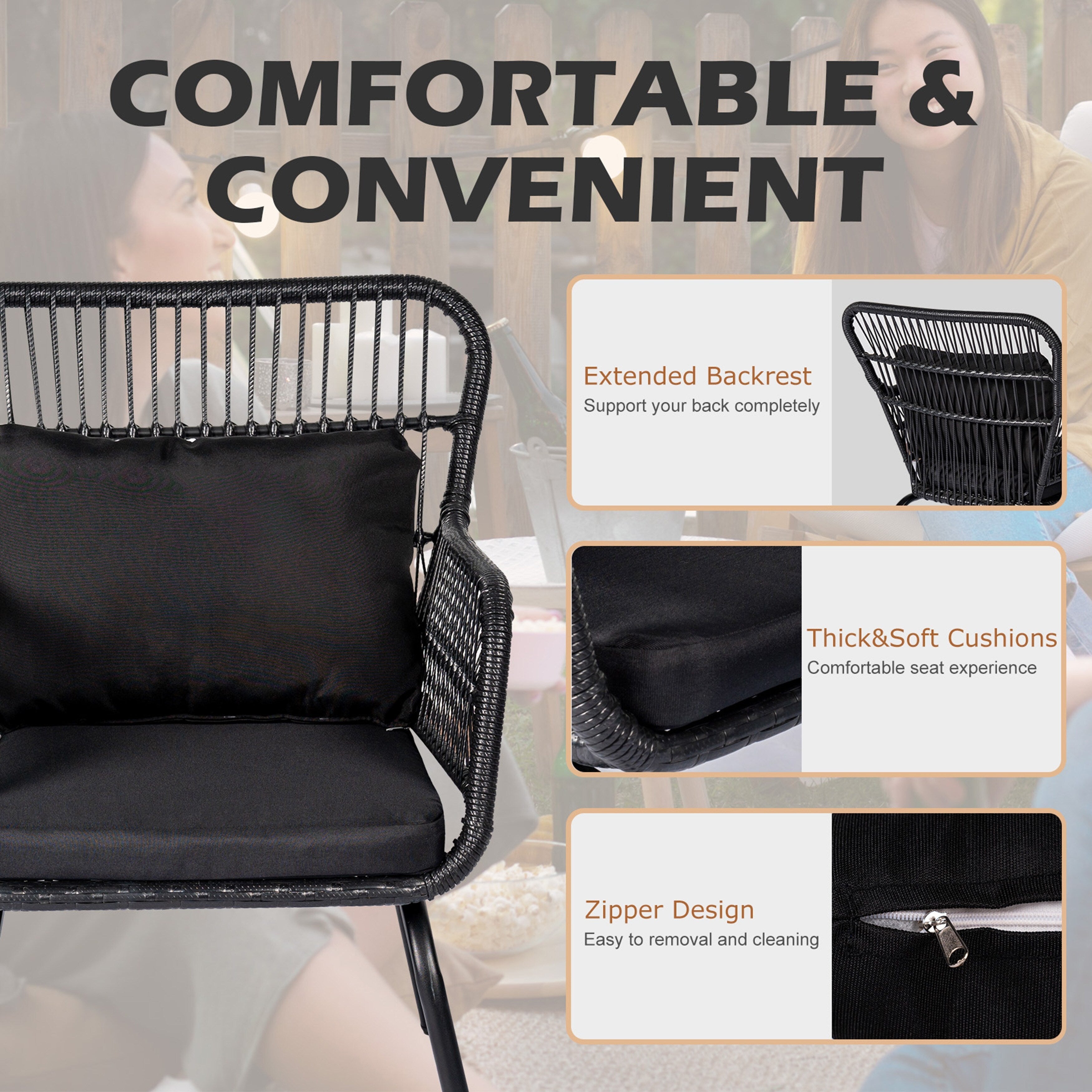 3-teiliges Bistro-Set aus Rattan für den Außenbereich, wetterfeste Rattanmöbel, Terrassenstühle mit Kissen