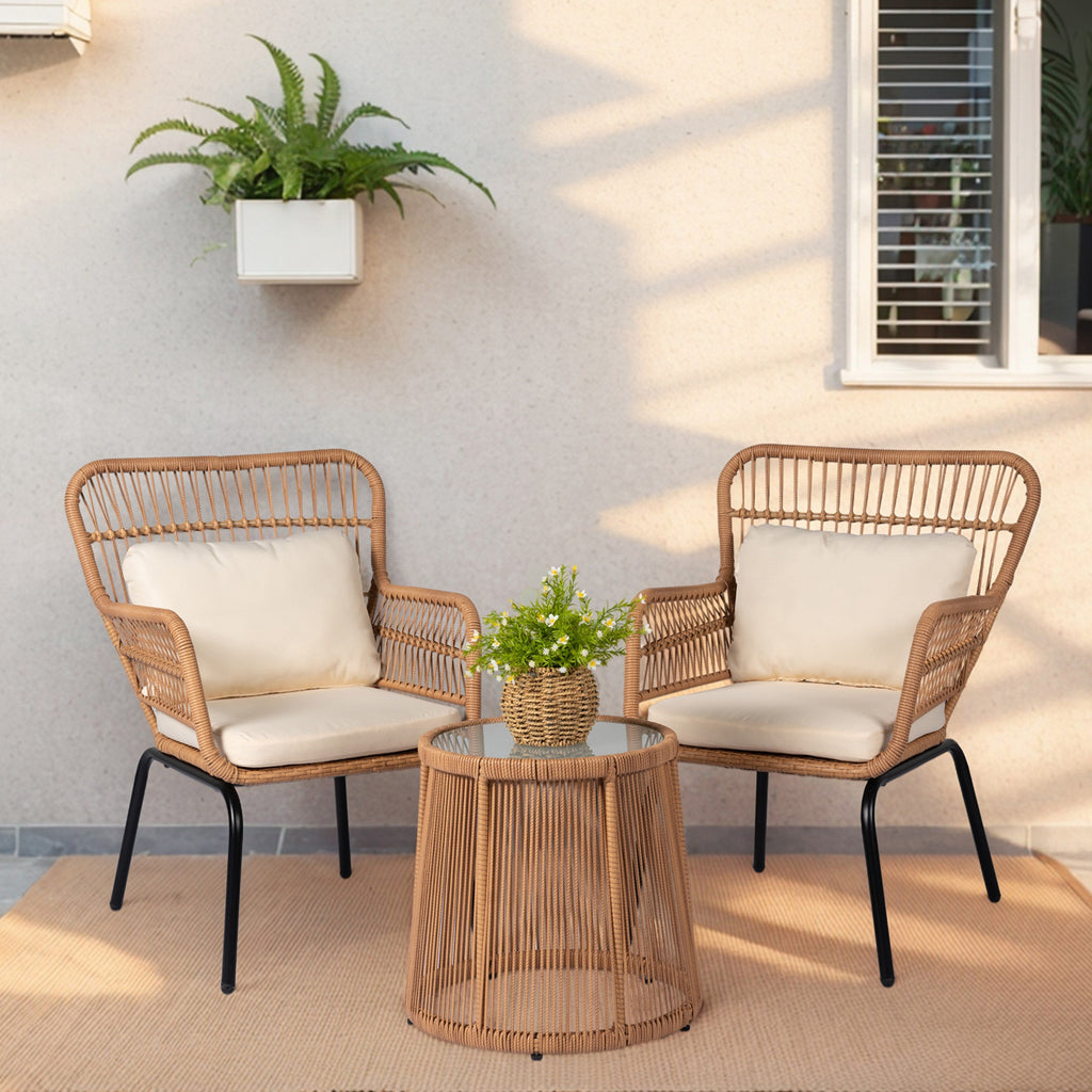 3-teiliges Bistro-Set aus Rattan für den Außenbereich, wetterfeste Rattanmöbel, Terrassenstühle mit Kissen