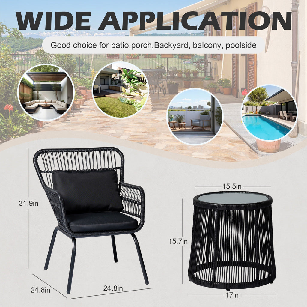 3-teiliges Bistro-Set aus Rattan für den Außenbereich, wetterfeste Rattanmöbel, Terrassenstühle mit Kissen