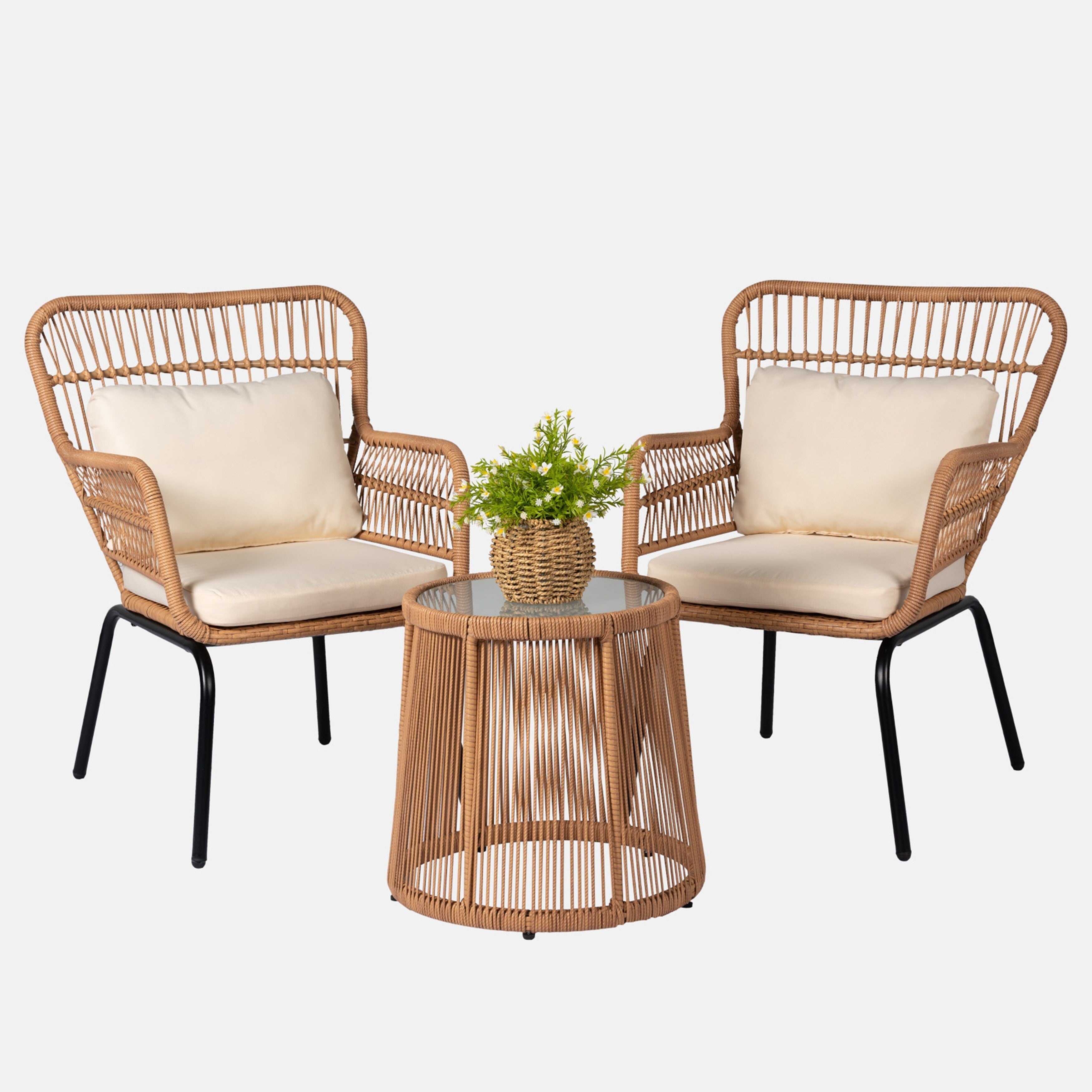 3-teiliges Bistro-Set aus Rattan für den Außenbereich, wetterfeste Rattanmöbel, Terrassenstühle mit Kissen