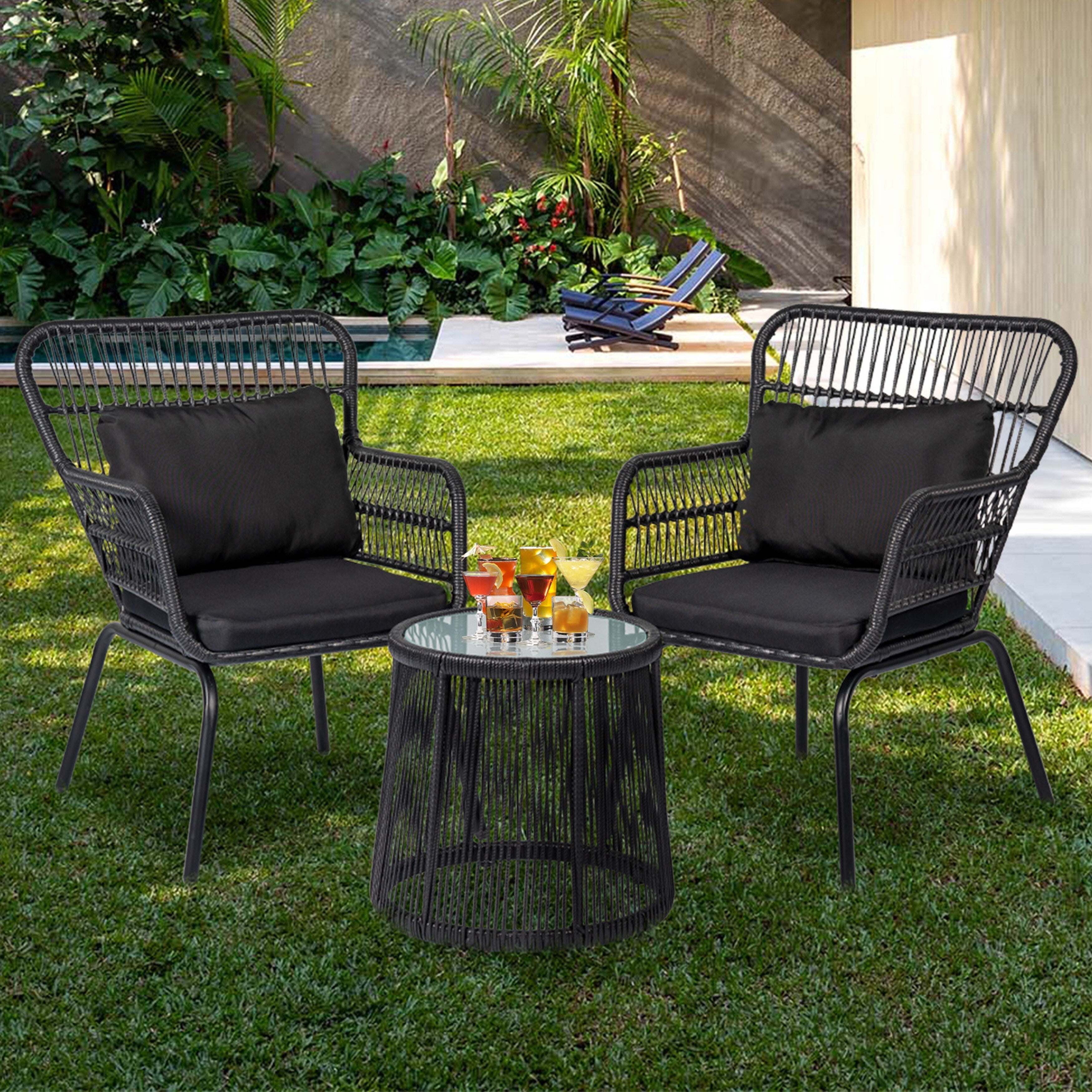 3-teiliges Bistro-Set aus Rattan für den Außenbereich, wetterfeste Rattanmöbel, Terrassenstühle mit Kissen