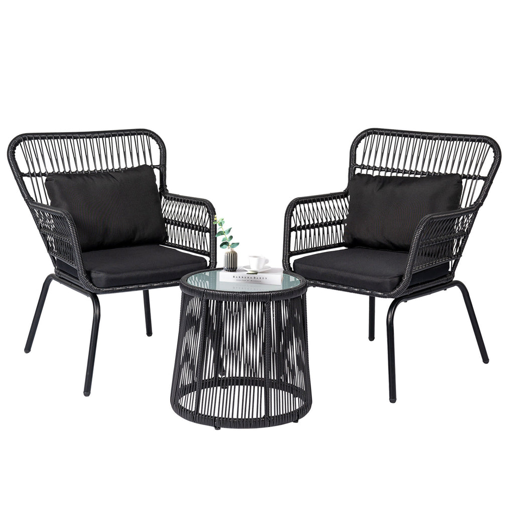 3-teiliges Bistro-Set aus Rattan für den Außenbereich, wetterfeste Rattanmöbel, Terrassenstühle mit Kissen