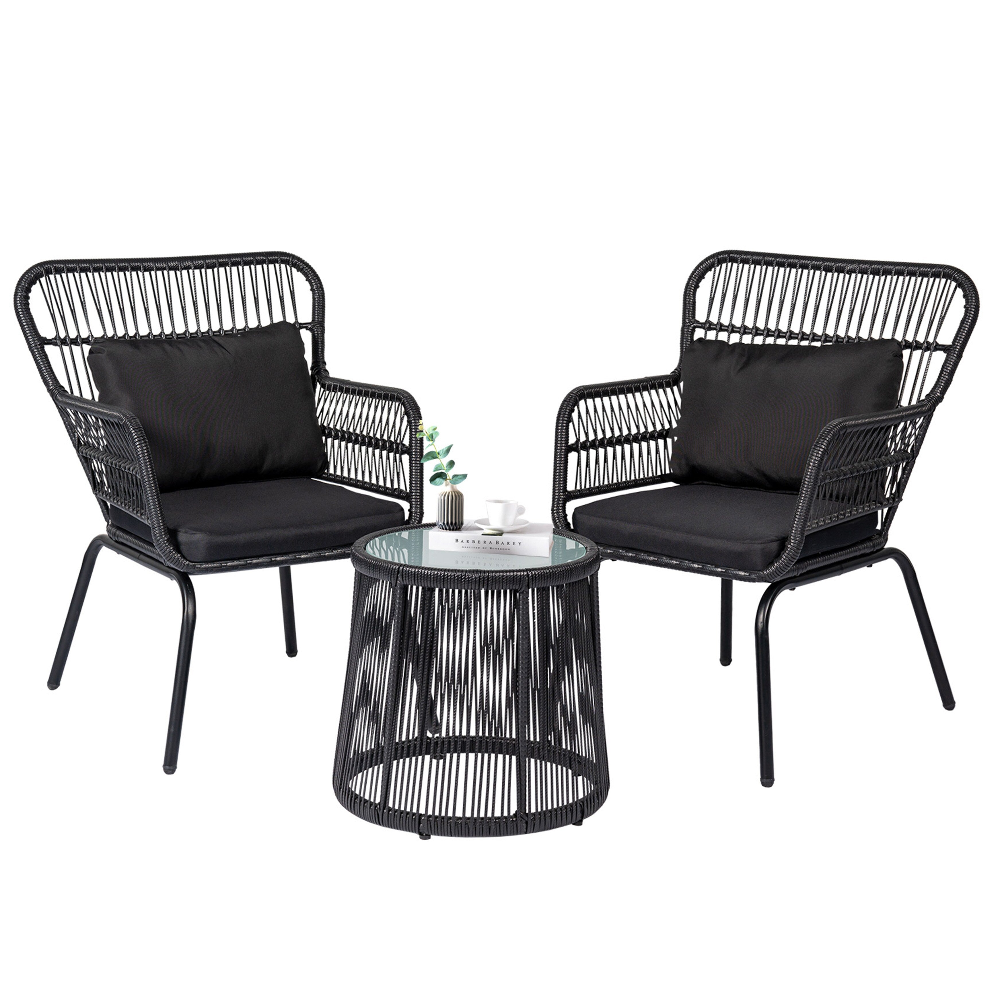 3-teiliges Bistro-Set aus Rattan für den Außenbereich, wetterfeste Rattanmöbel, Terrassenstühle mit Kissen
