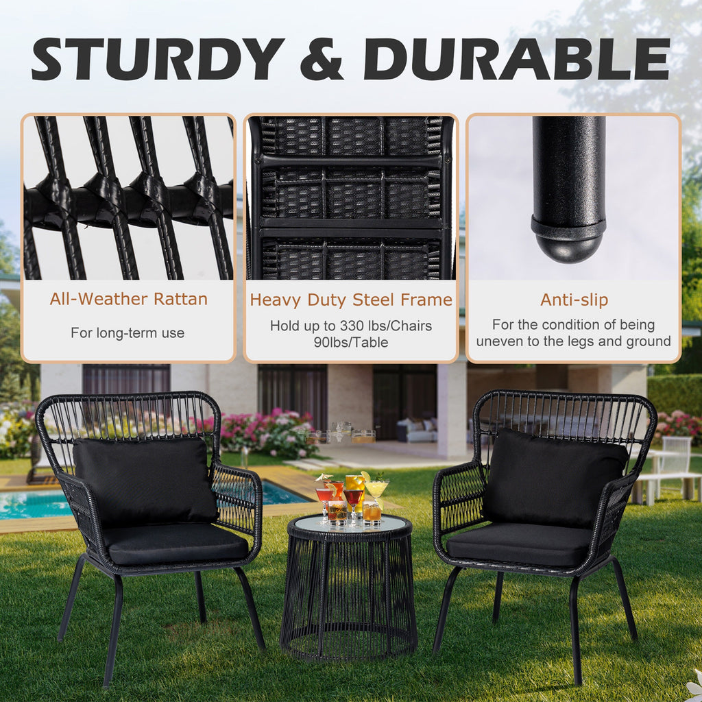 3-teiliges Bistro-Set aus Rattan für den Außenbereich, wetterfeste Rattanmöbel, Terrassenstühle mit Kissen