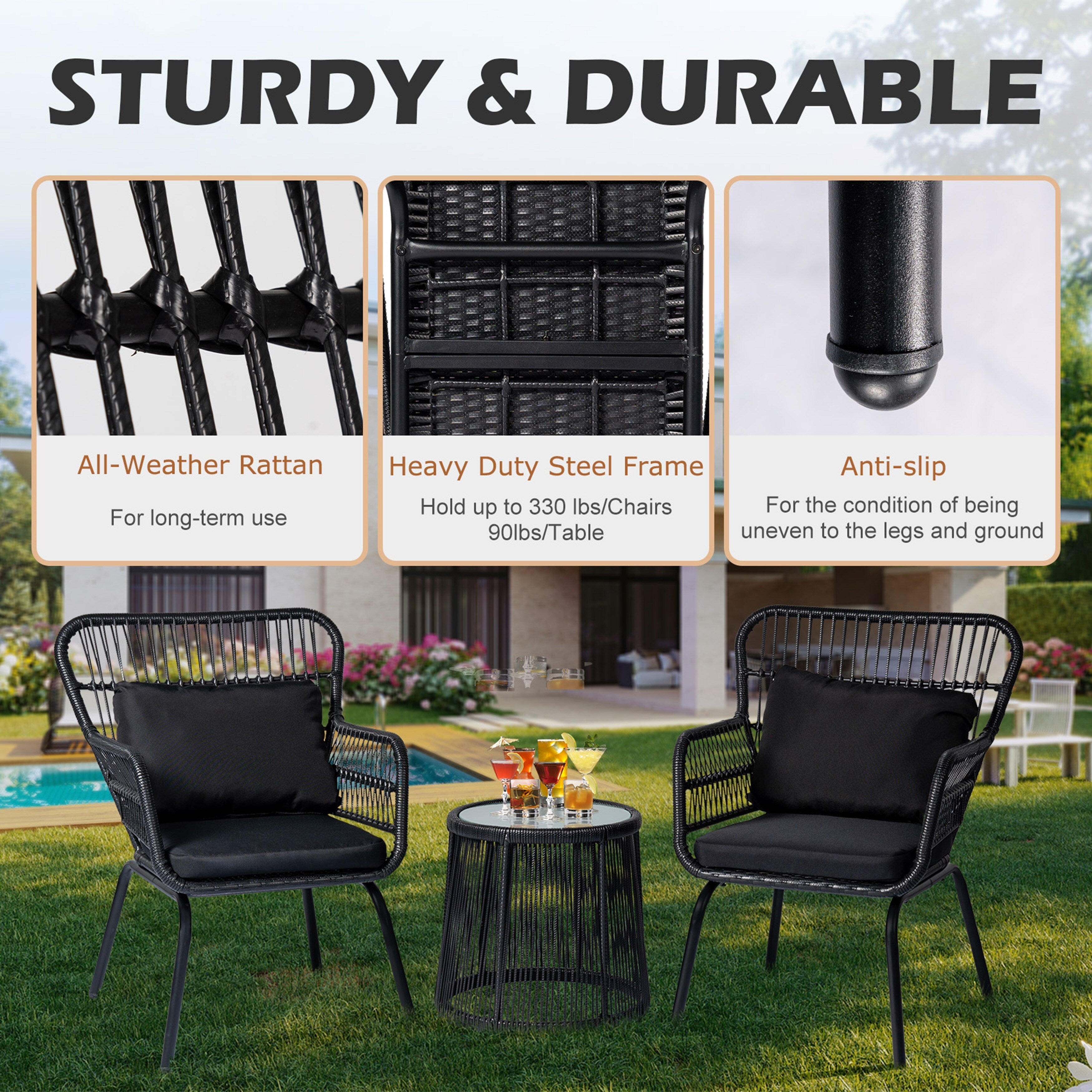 3-teiliges Bistro-Set aus Rattan für den Außenbereich, wetterfeste Rattanmöbel, Terrassenstühle mit Kissen