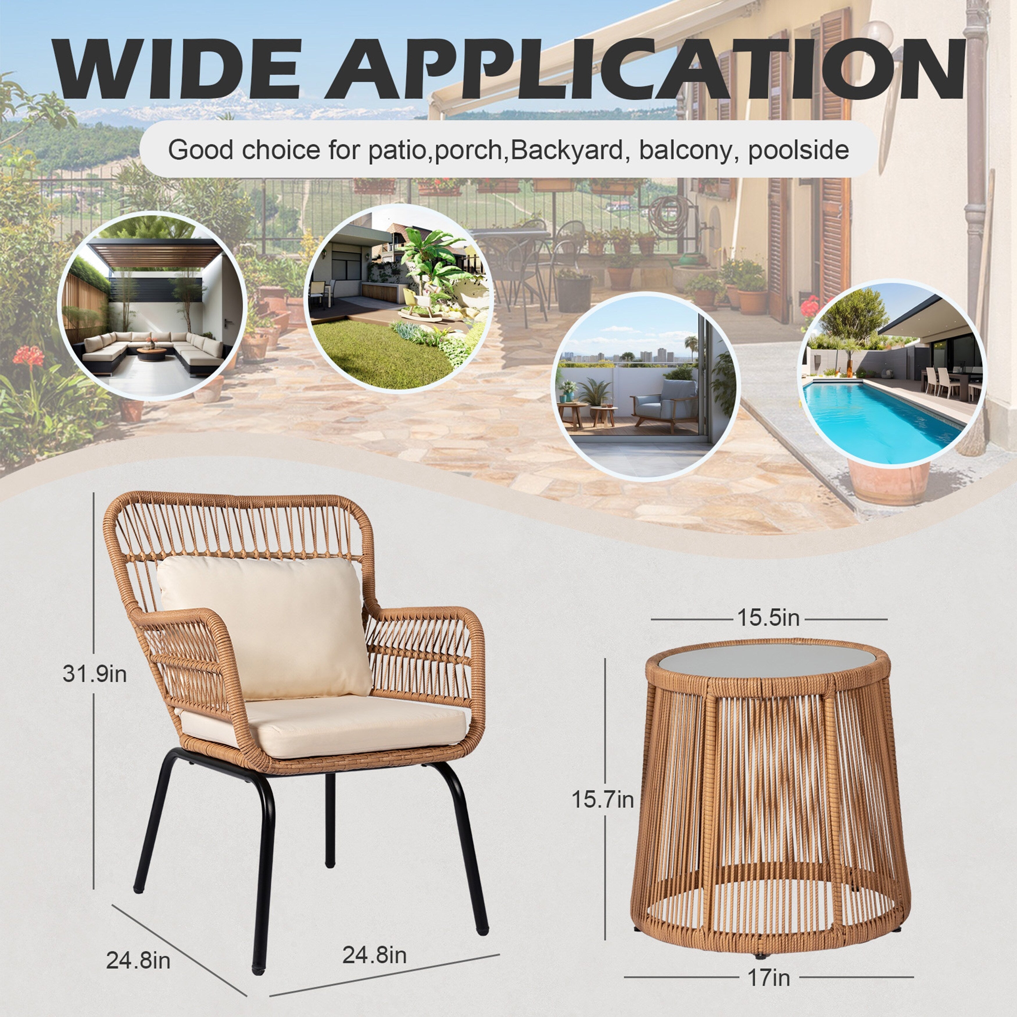 3-teiliges Bistro-Set aus Rattan für den Außenbereich, wetterfeste Rattanmöbel, Terrassenstühle mit Kissen