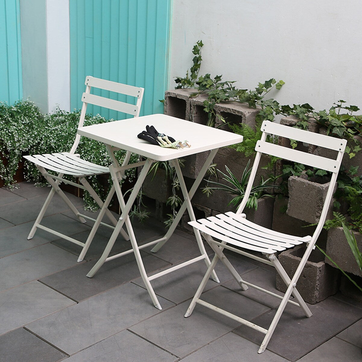3-teiliges minimalistisches Bistro-Set für die Terrasse, bestehend aus klappbarem quadratischem Tisch und Stühlen