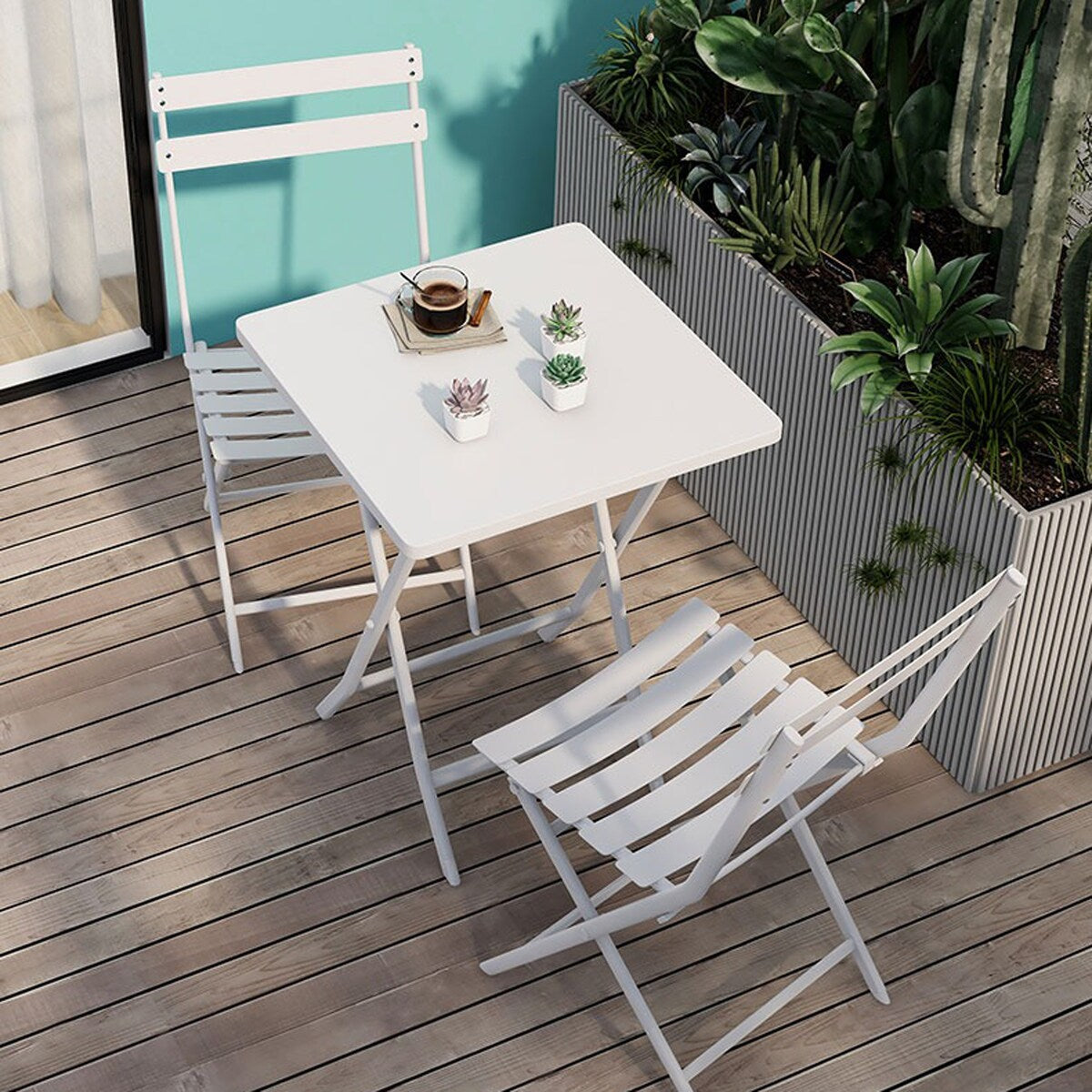 3-teiliges minimalistisches Bistro-Set für die Terrasse, bestehend aus klappbarem quadratischem Tisch und Stühlen