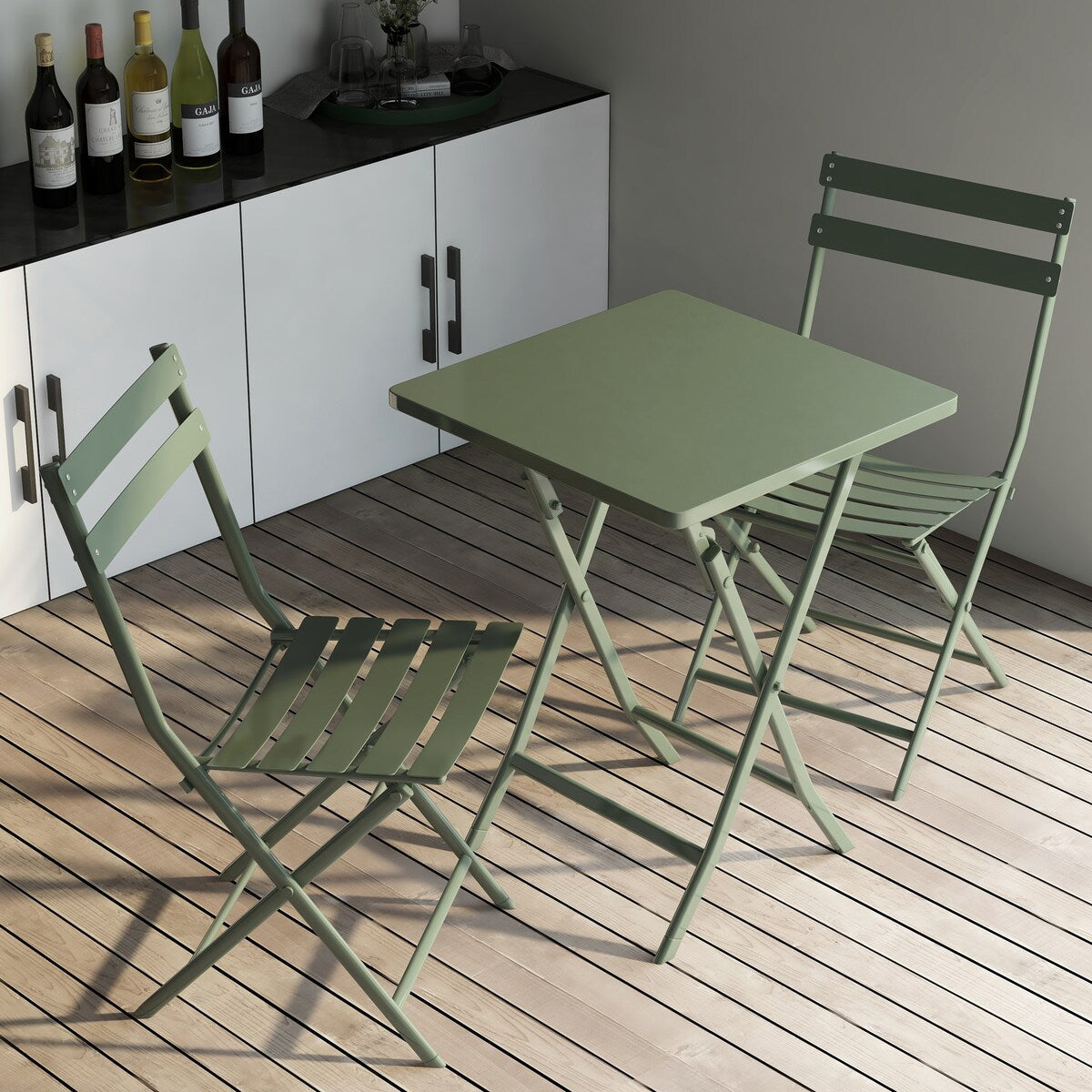 3-teiliges minimalistisches Bistro-Set für die Terrasse, bestehend aus klappbarem quadratischem Tisch und Stühlen