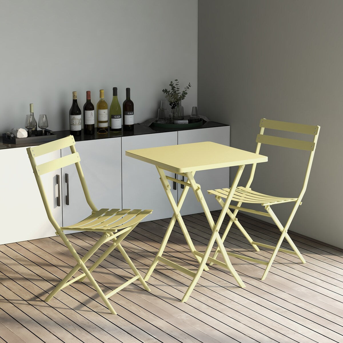 3-teiliges minimalistisches Bistro-Set für die Terrasse, bestehend aus klappbarem quadratischem Tisch und Stühlen