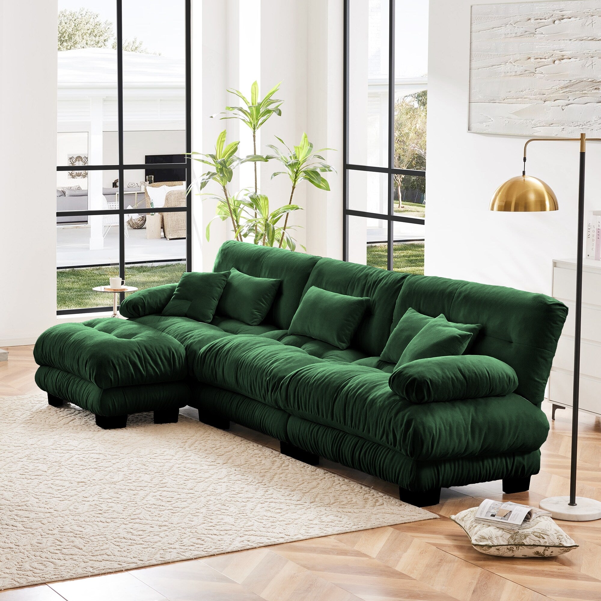 Modulares 3-Sitzer-Ecksofa, tiefe Sitzfläche, L-förmige Wolkencouch mit ausziehbarem Hocker für das Wohnzimmer