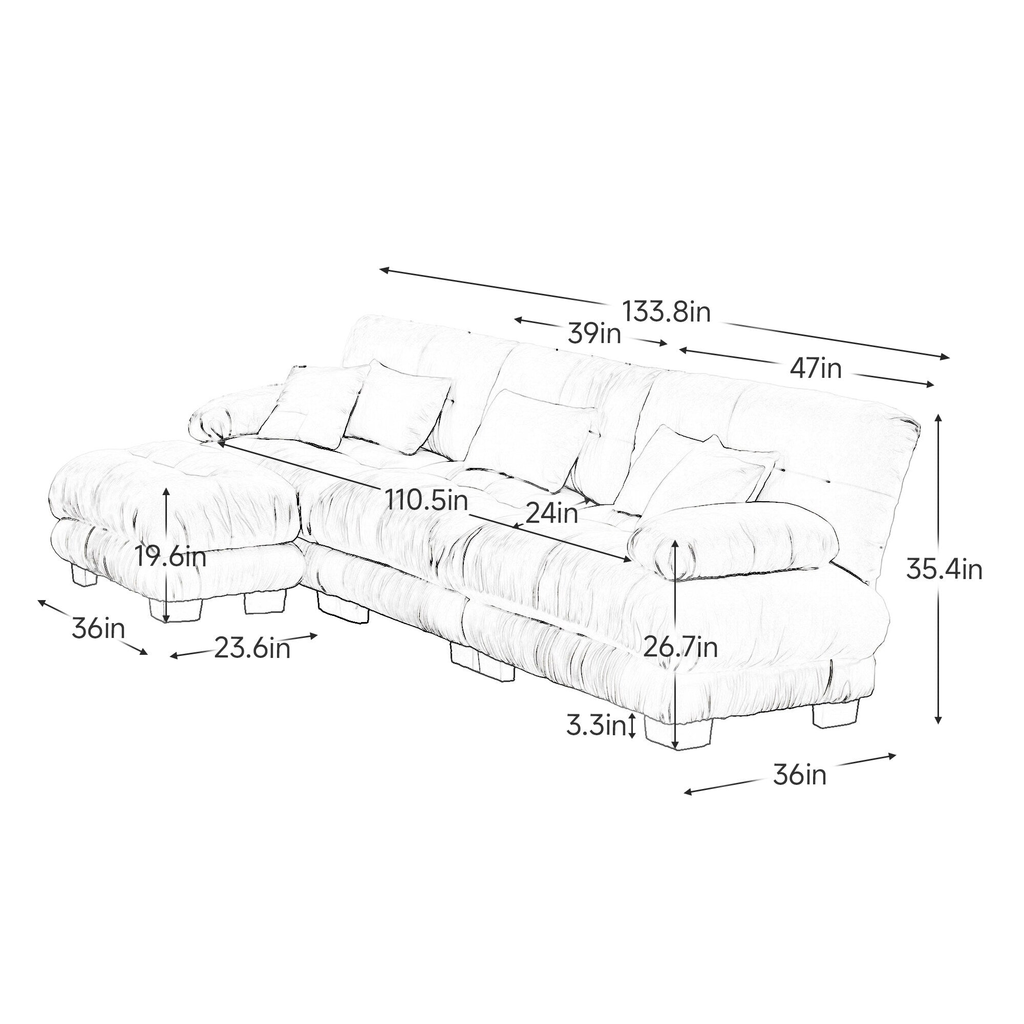 Modulares 3-Sitzer-Ecksofa, tiefe Sitzfläche, L-förmige Wolkencouch mit ausziehbarem Hocker für das Wohnzimmer