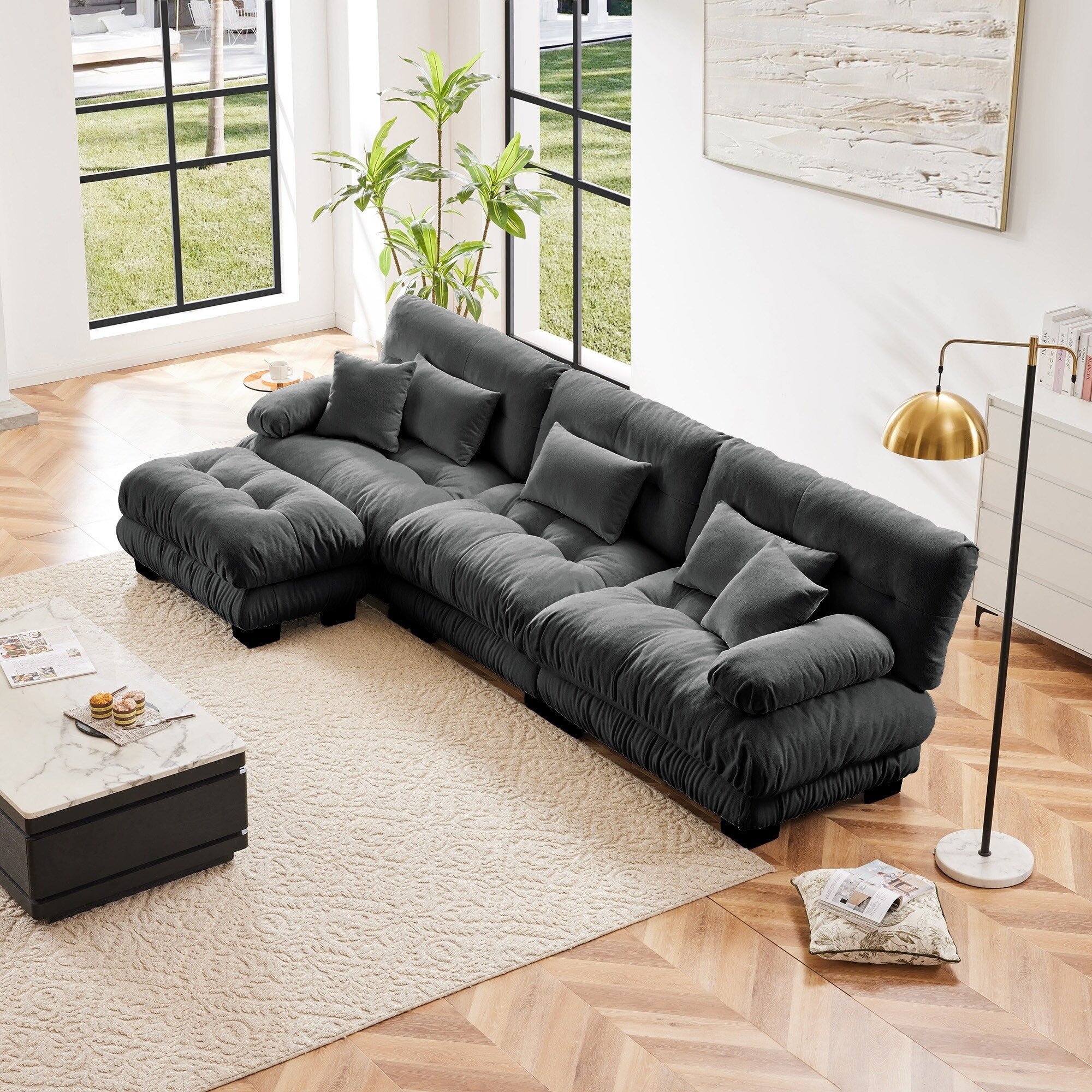 Modulares 3-Sitzer-Ecksofa, tiefe Sitzfläche, L-förmige Wolkencouch mit ausziehbarem Hocker für das Wohnzimmer