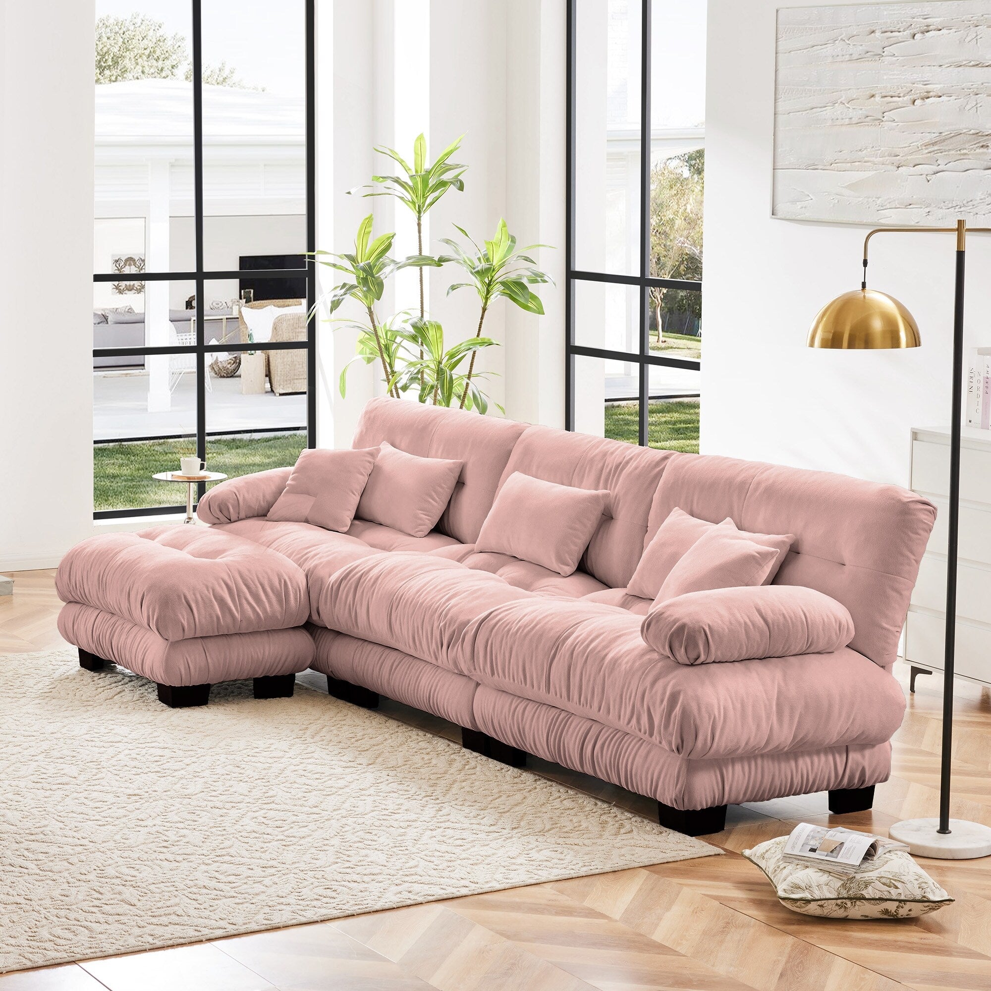 Modulares 3-Sitzer-Ecksofa, tiefe Sitzfläche, L-förmige Wolkencouch mit ausziehbarem Hocker für das Wohnzimmer