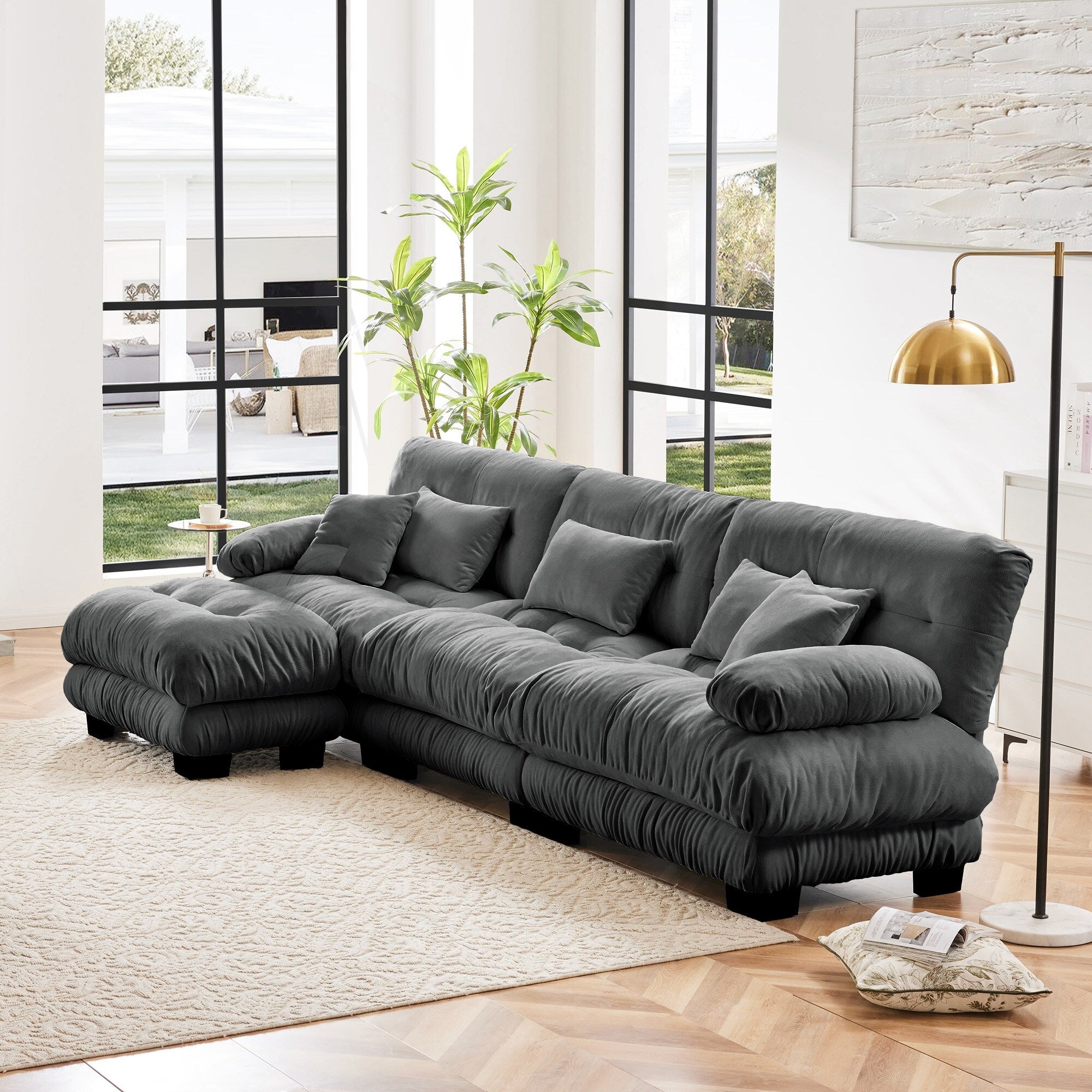 Modulares 3-Sitzer-Ecksofa, tiefe Sitzfläche, L-förmige Wolkencouch mit ausziehbarem Hocker für das Wohnzimmer