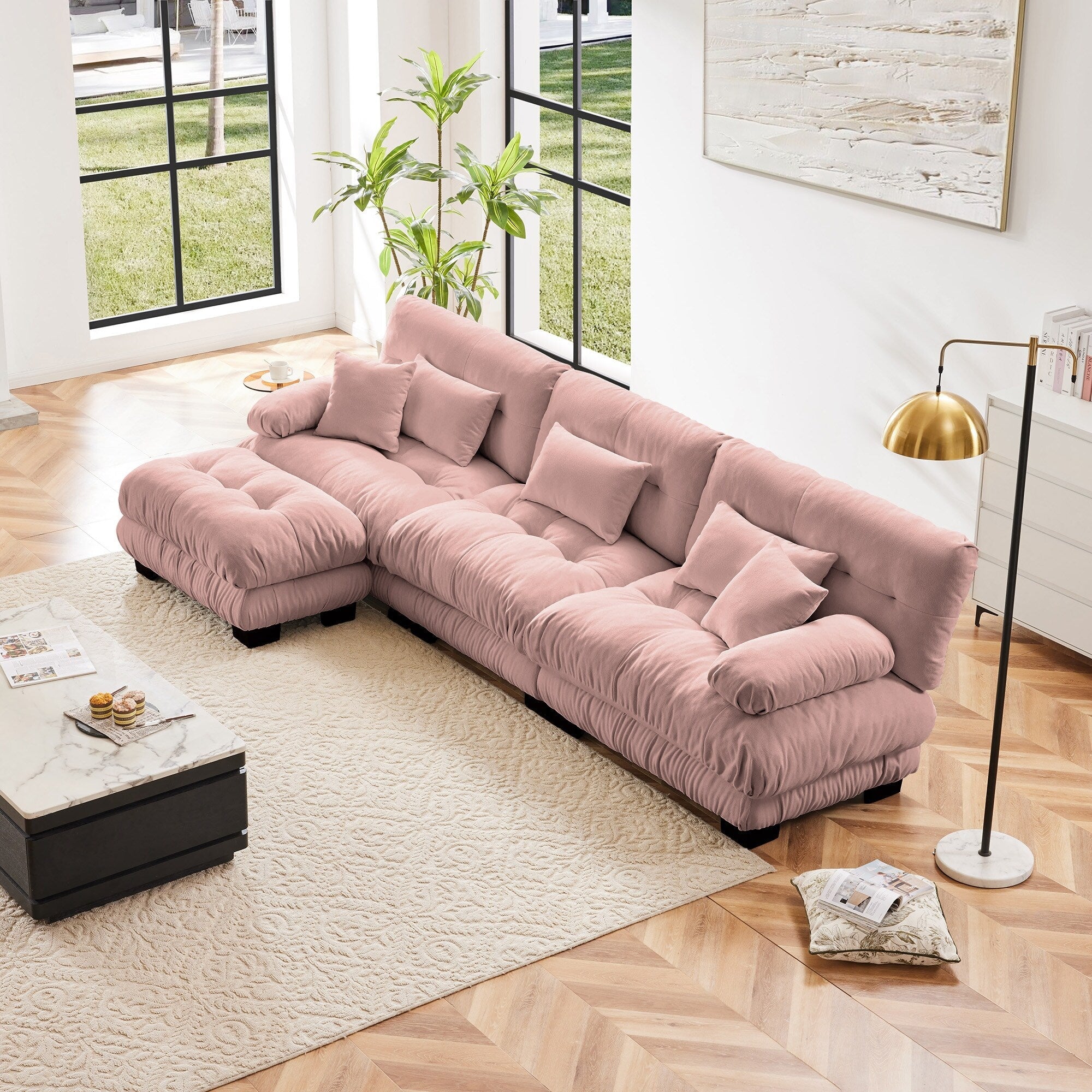 Modulares 3-Sitzer-Ecksofa, tiefe Sitzfläche, L-förmige Wolkencouch mit ausziehbarem Hocker für das Wohnzimmer