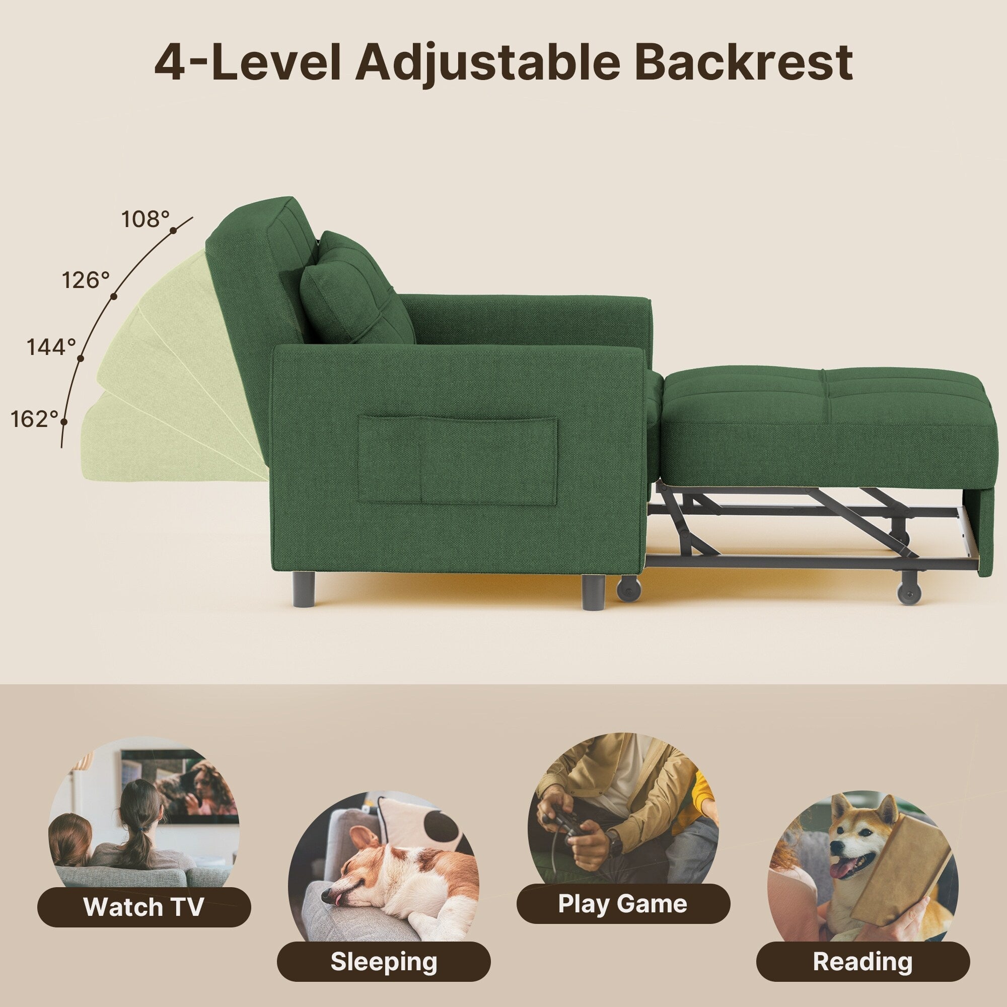 3-in-1 verstellbares Schlafsofa, Ausziehsessel-Sofa, wandelbares Klappbett für das Wohnzimmer