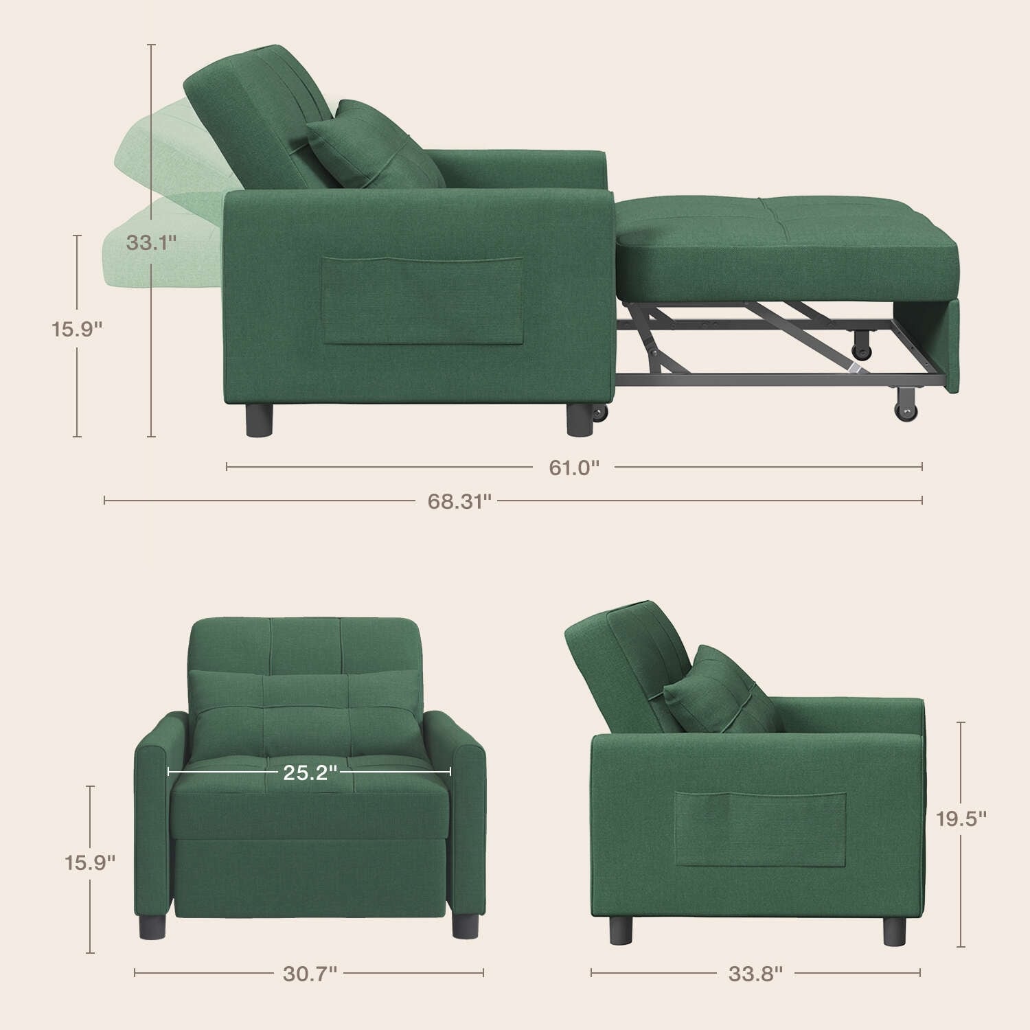 3-in-1 verstellbares Schlafsofa, Ausziehsessel-Sofa, wandelbares Klappbett für das Wohnzimmer
