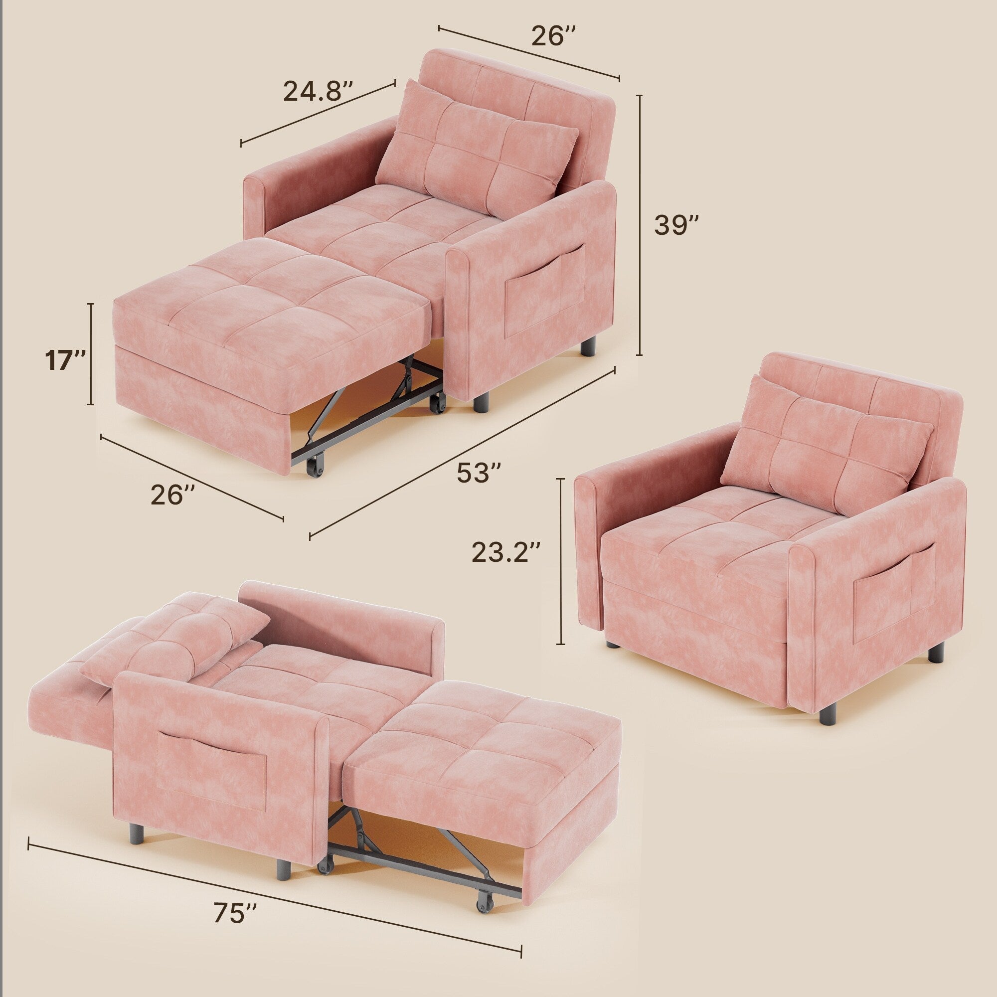 3-in-1 verstellbares Schlafsofa, Ausziehsessel-Sofa, wandelbares Klappbett für das Wohnzimmer