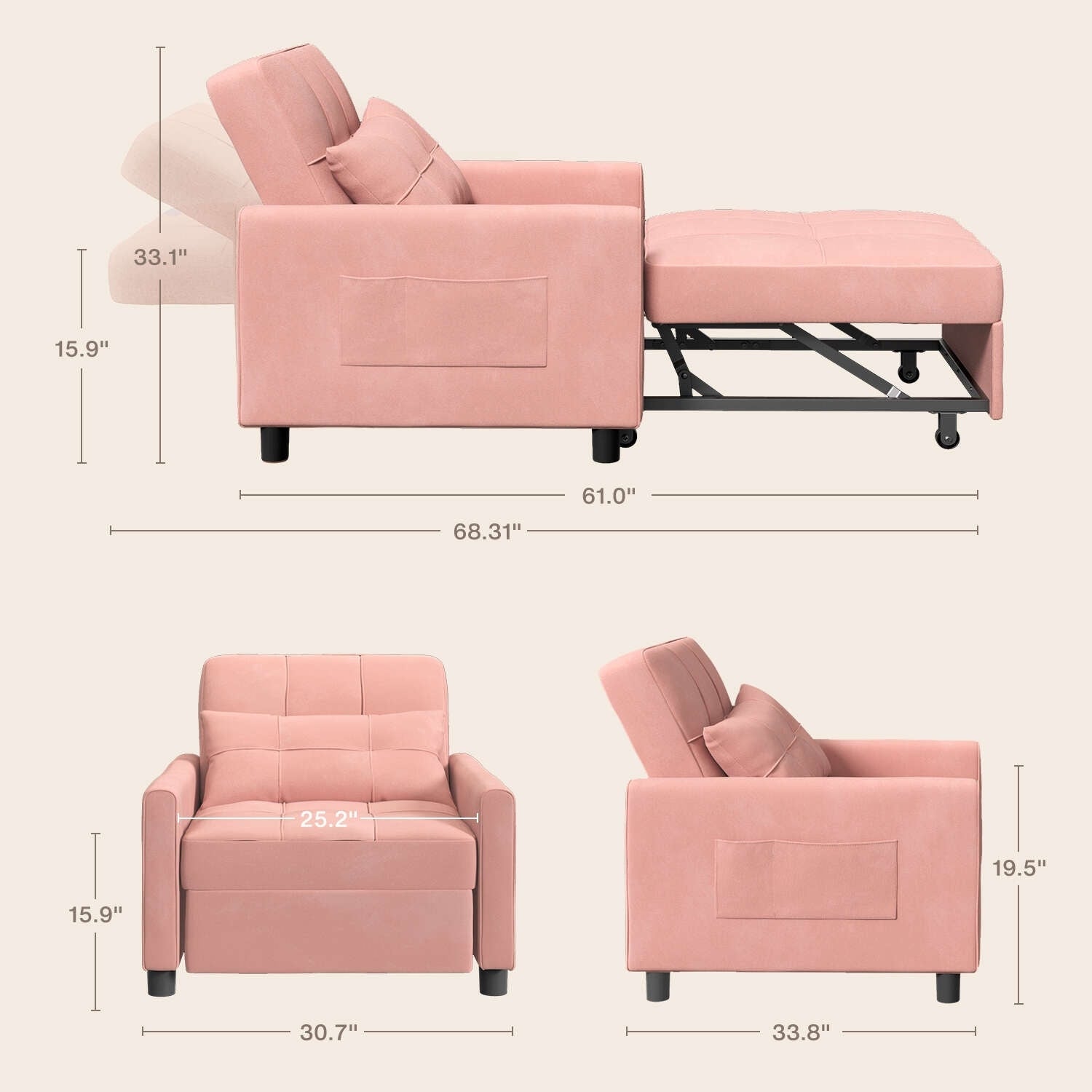 3-in-1 verstellbares Schlafsofa, Ausziehsessel-Sofa, wandelbares Klappbett für das Wohnzimmer