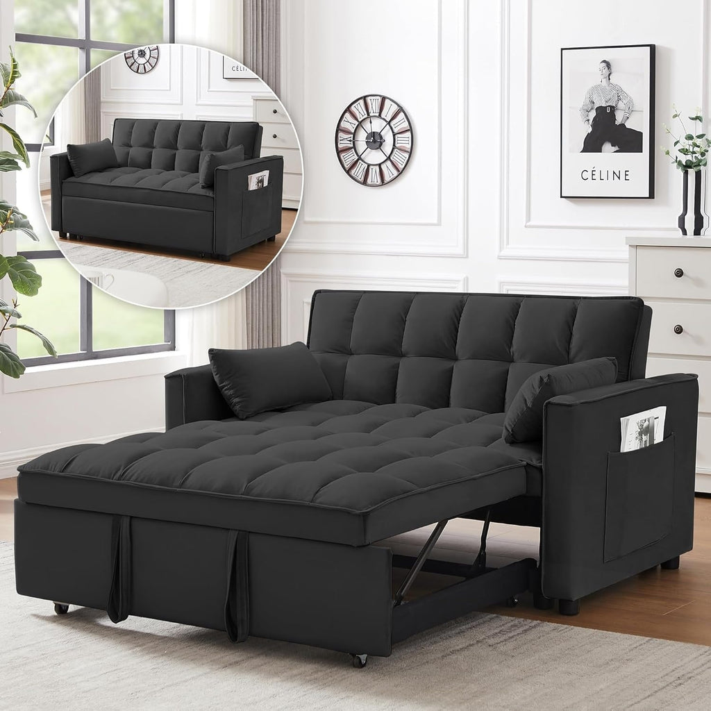 3-in-1 Schlafsofa – Samt-Futon-Couch mit verstellbarer Rückenlehne und Seitentasche für kleine Räume