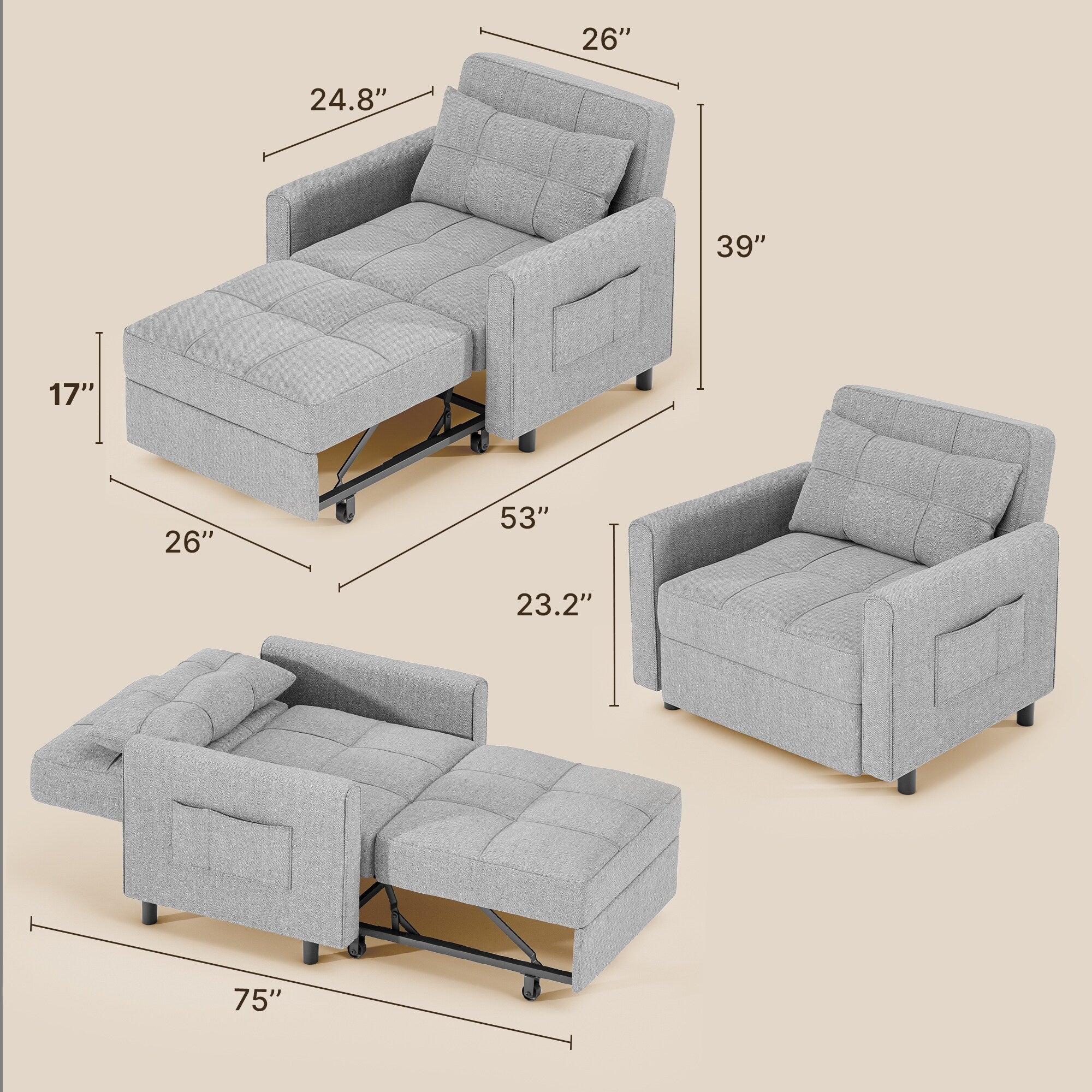 3-in-1-Schlafsofa, ausziehbarer Sessel, wandelbare, verstellbare, faltbare Polsterliege
