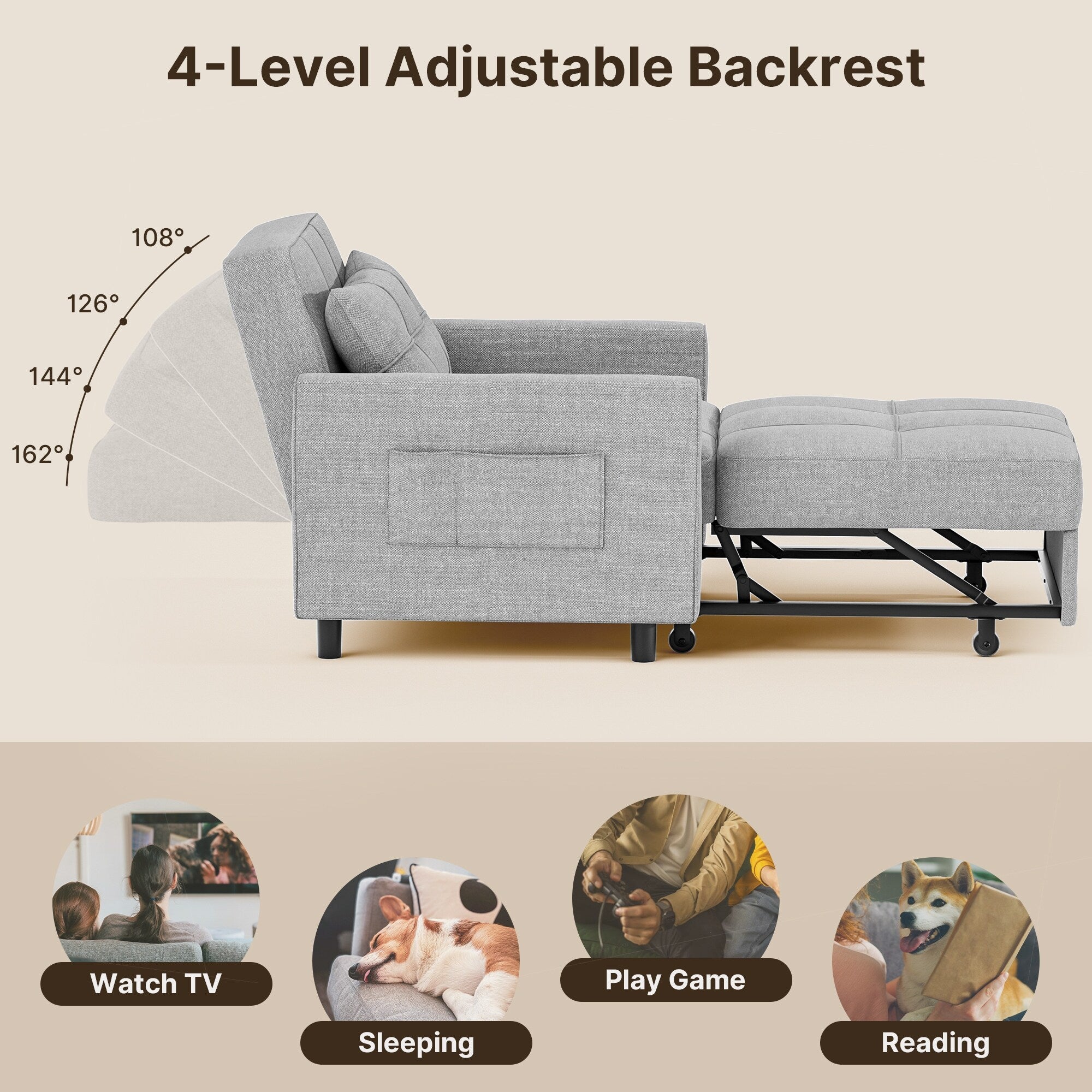 3-in-1-Schlafsofa, ausziehbarer Sessel, wandelbare, verstellbare, faltbare Polsterliege