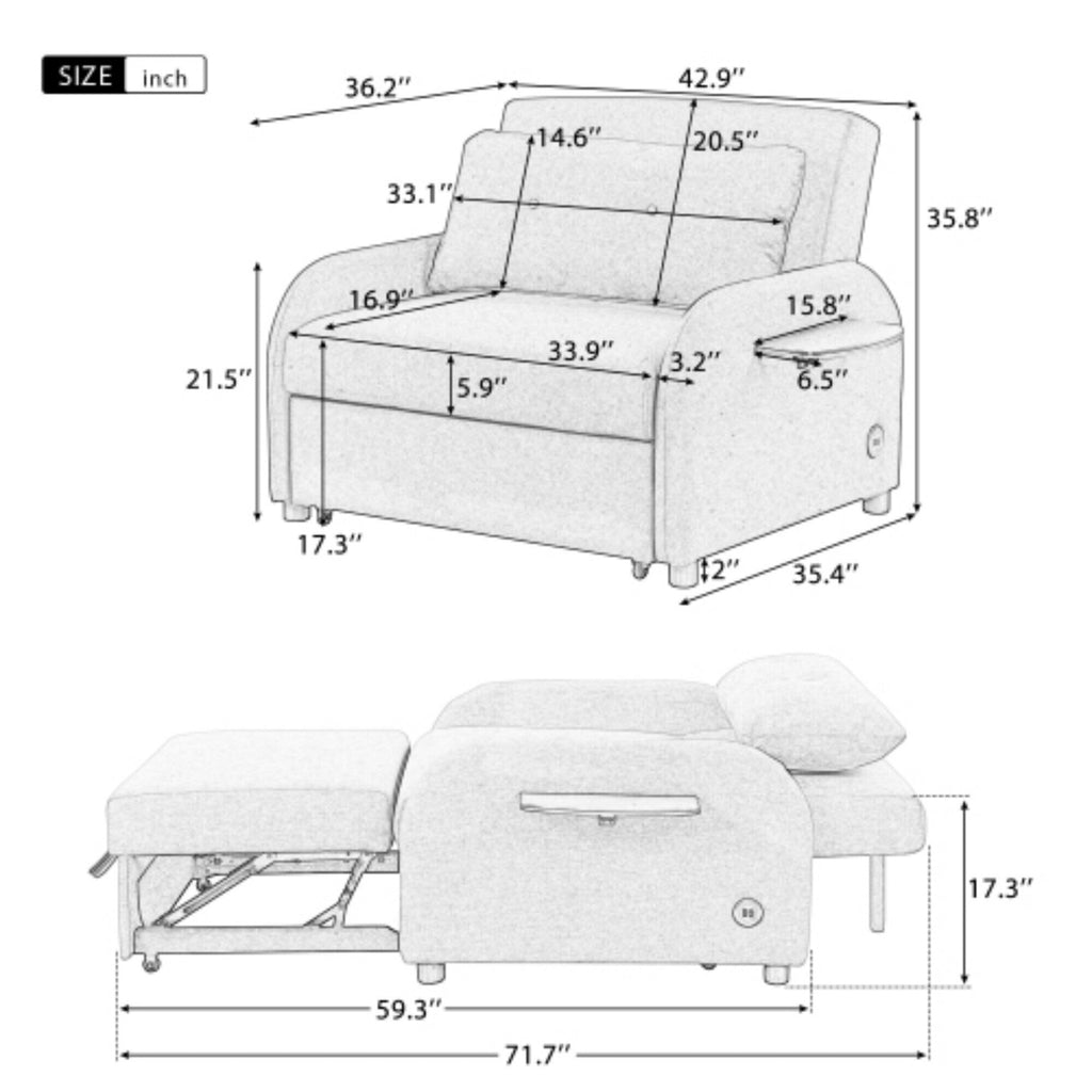 3-in-1-Schlafsofa mit ausziehbarem Tisch und USB-Anschlüssen von Harper&amp;Bright Designs
