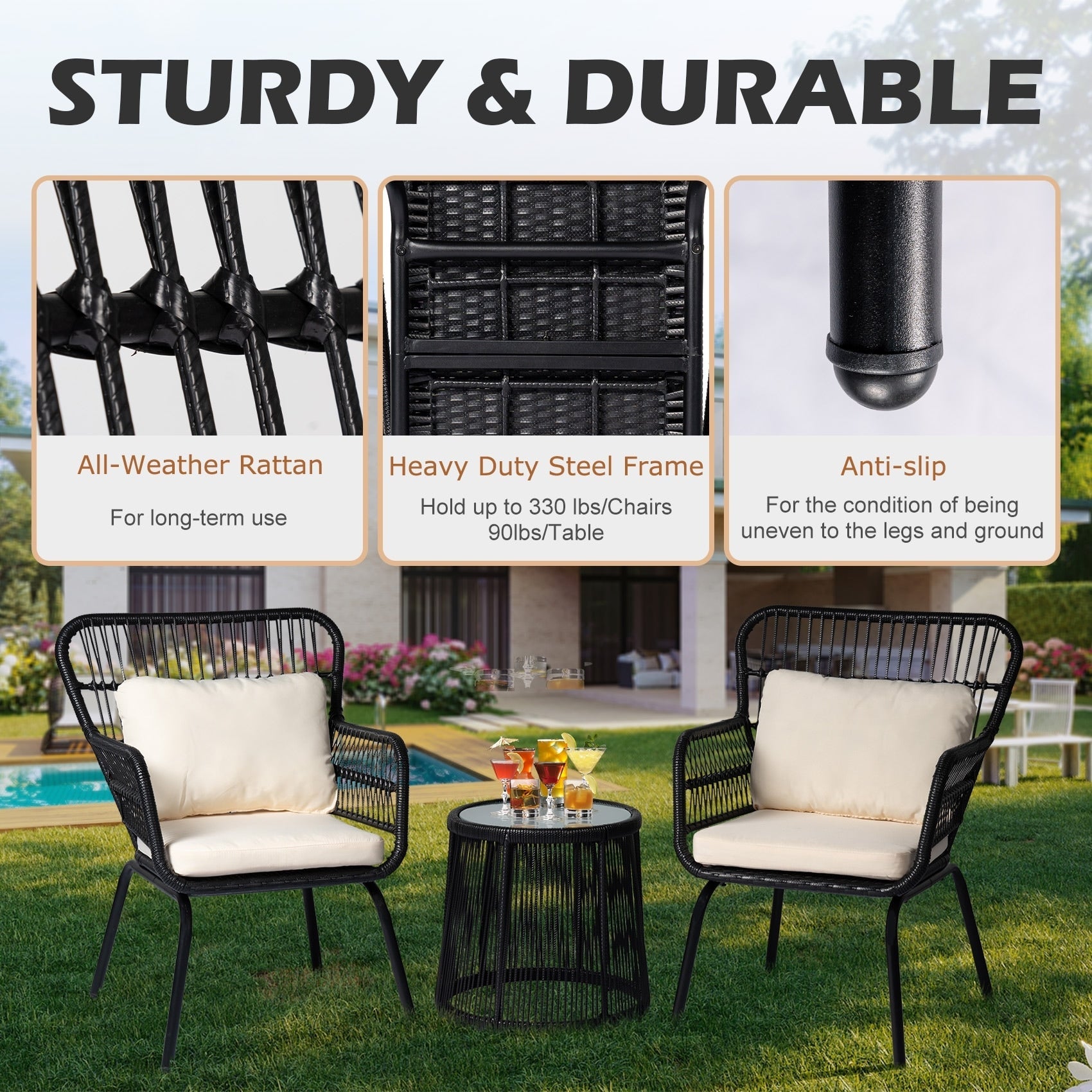 3-teiliges Bistro-Set aus Rattan für den Außenbereich, wetterfeste Rattanmöbel, Terrassenstühle mit Kissen