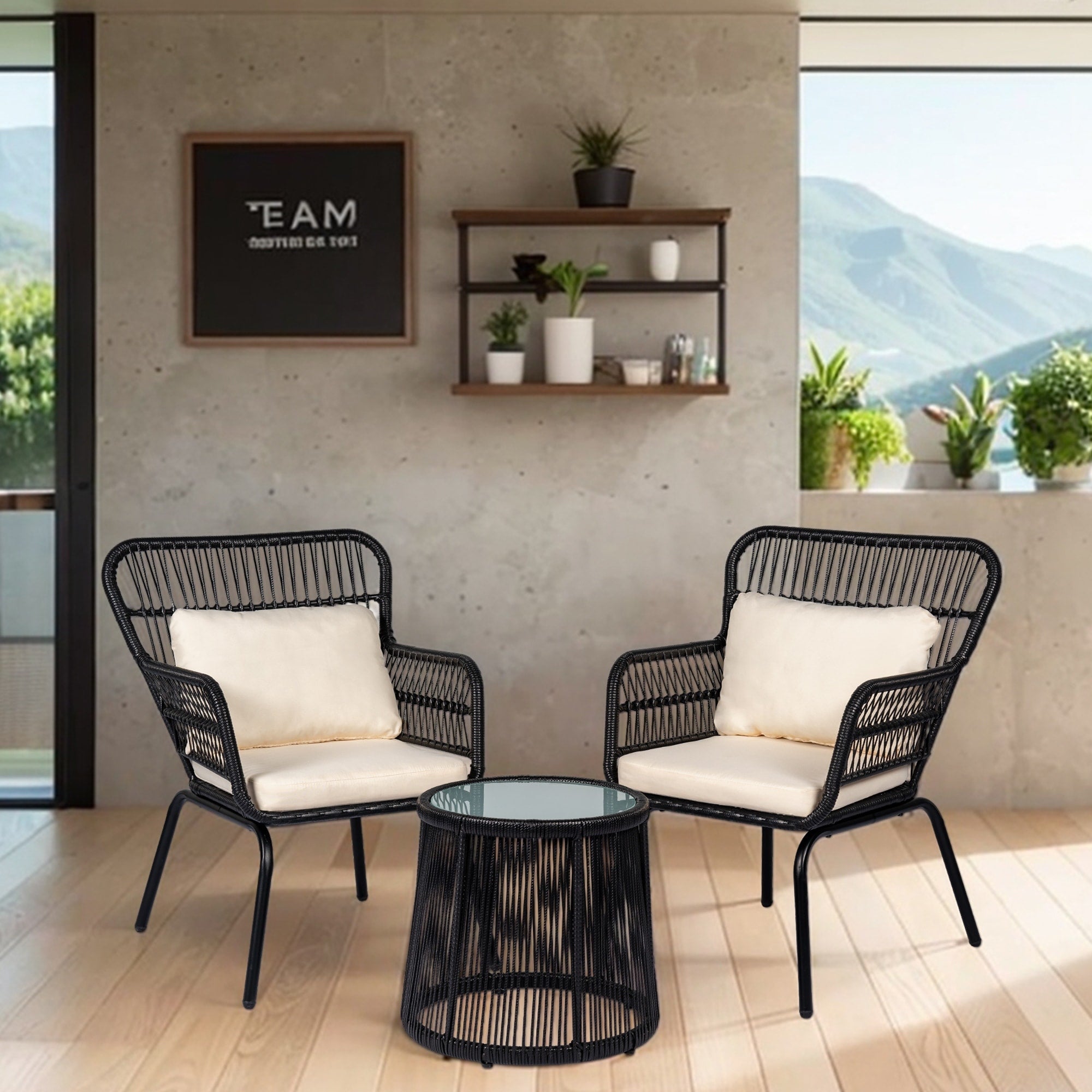 3-teiliges Bistro-Set aus Rattan für den Außenbereich, wetterfeste Rattanmöbel, Terrassenstühle mit Kissen