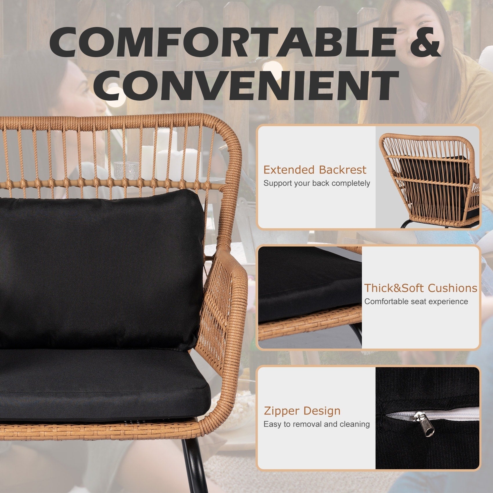 3-teiliges Bistro-Set aus Rattan für den Außenbereich, wetterfeste Rattanmöbel, Terrassenstühle mit Kissen