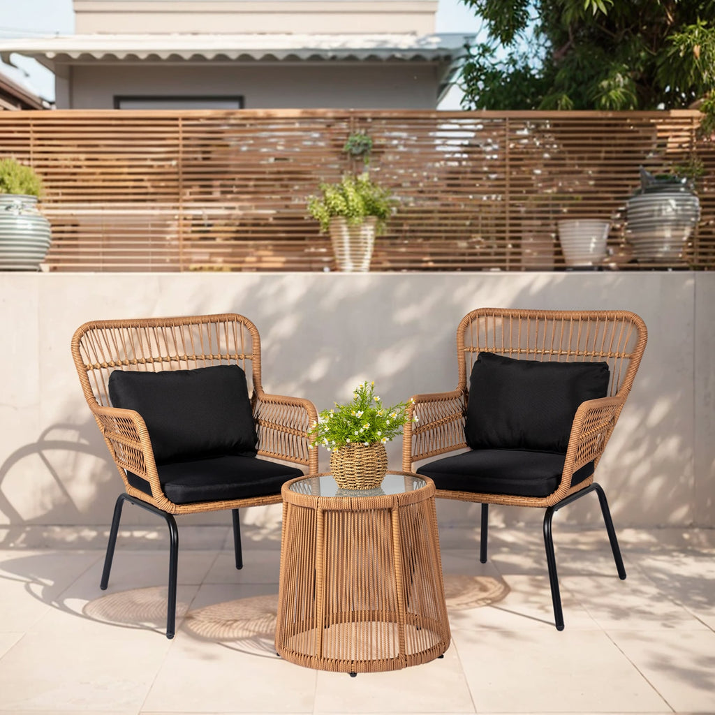 3-teiliges Bistro-Set aus Rattan für den Außenbereich, wetterfeste Rattanmöbel, Terrassenstühle mit Kissen