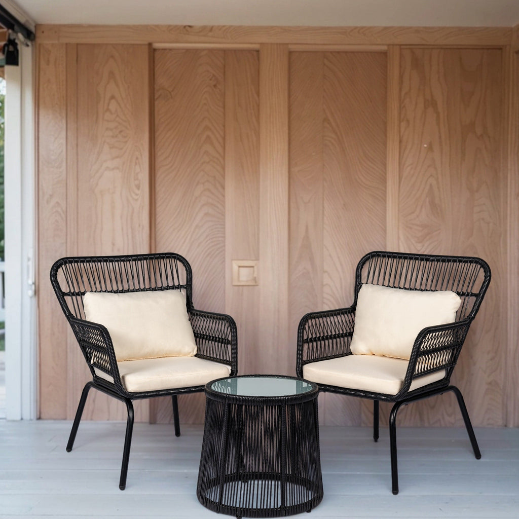 3-teiliges Bistro-Set aus Rattan für den Außenbereich, wetterfeste Rattanmöbel, Terrassenstühle mit Kissen