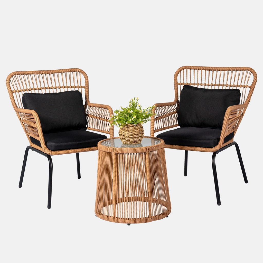 3-teiliges Bistro-Set aus Rattan für den Außenbereich, wetterfeste Rattanmöbel, Terrassenstühle mit Kissen