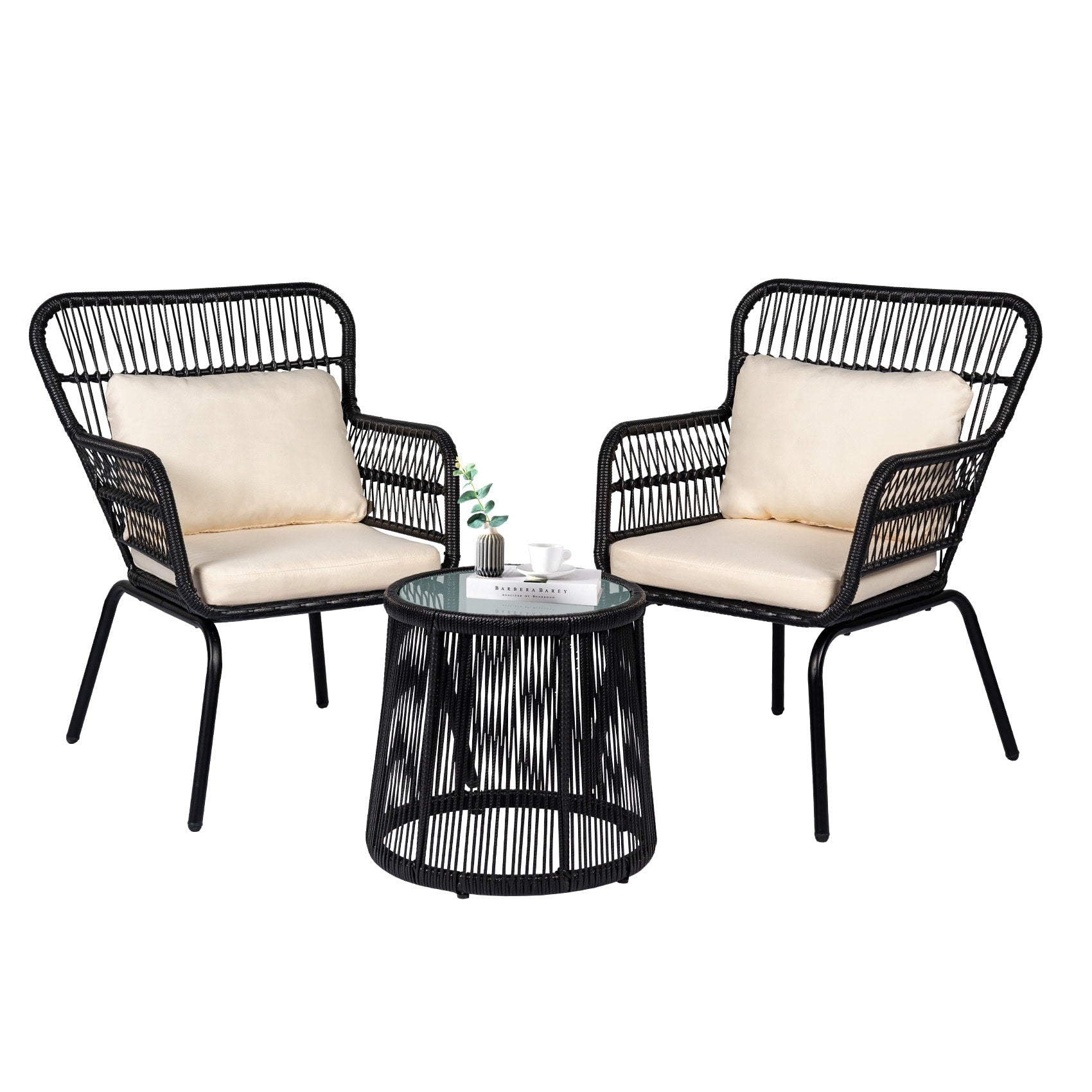 3-teiliges Bistro-Set aus Rattan für den Außenbereich, wetterfeste Rattanmöbel, Terrassenstühle mit Kissen