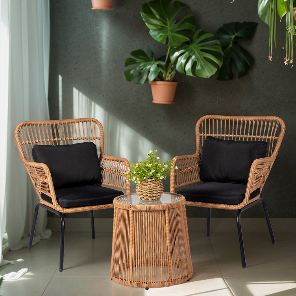 3-teiliges Bistro-Set aus Rattan für den Außenbereich, wetterfeste Rattanmöbel, Terrassenstühle mit Kissen