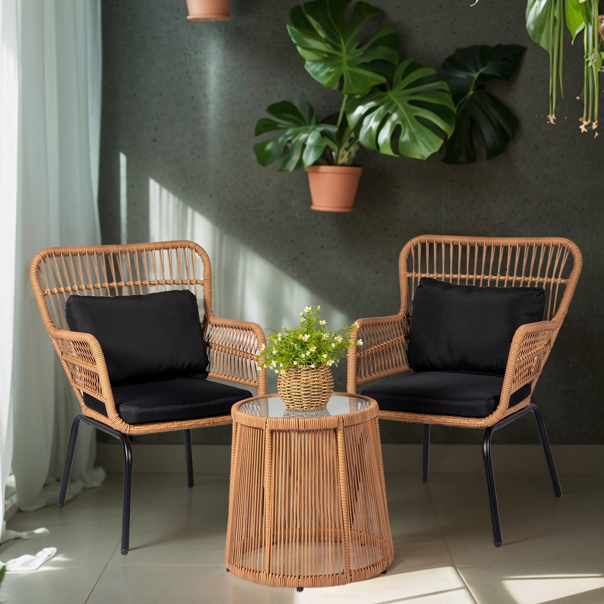 3-teiliges Bistro-Set aus Rattan für den Außenbereich, wetterfeste Rattanmöbel, Terrassenstühle mit Kissen