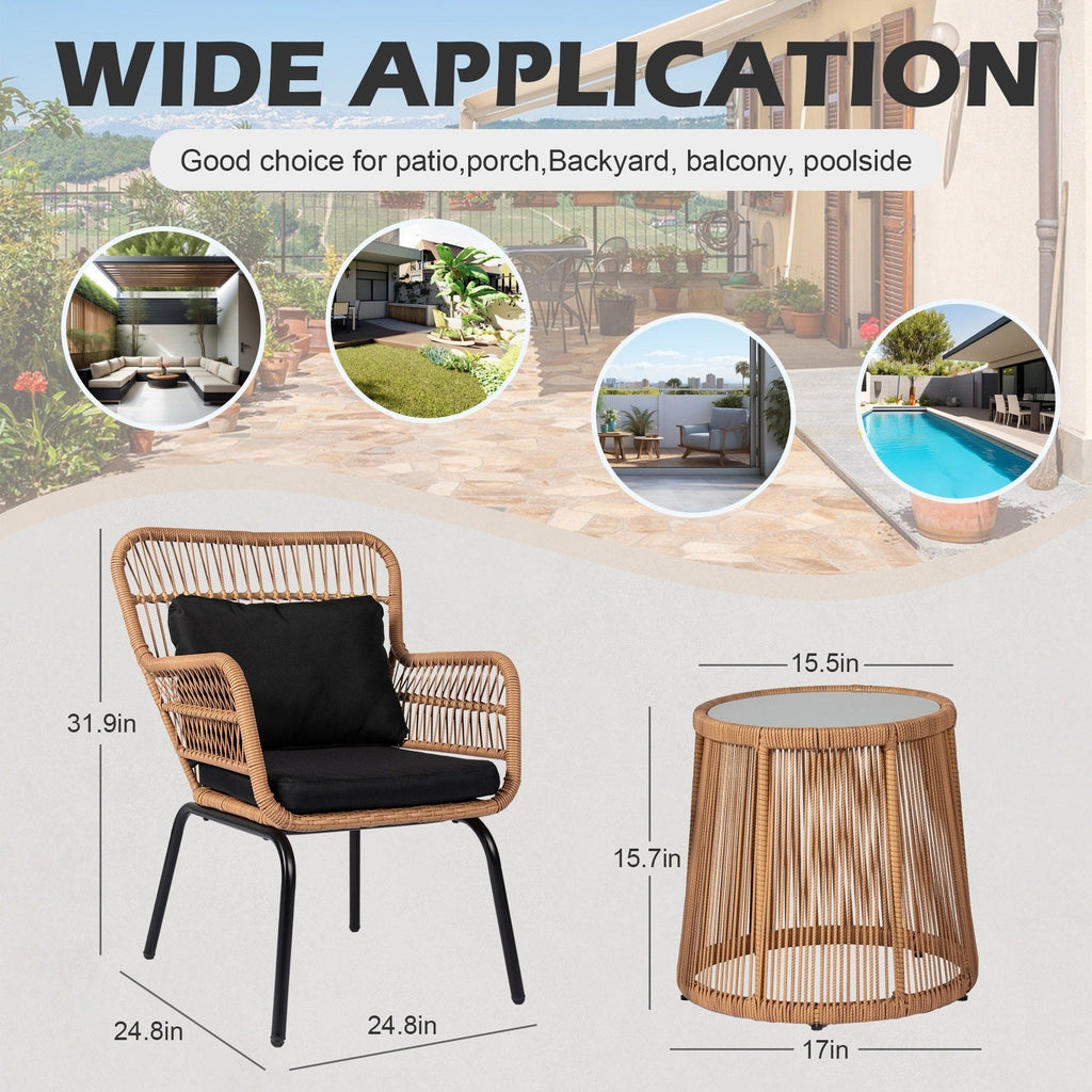 3-teiliges Bistro-Set aus Rattan für den Außenbereich, wetterfeste Rattanmöbel, Terrassenstühle mit Kissen