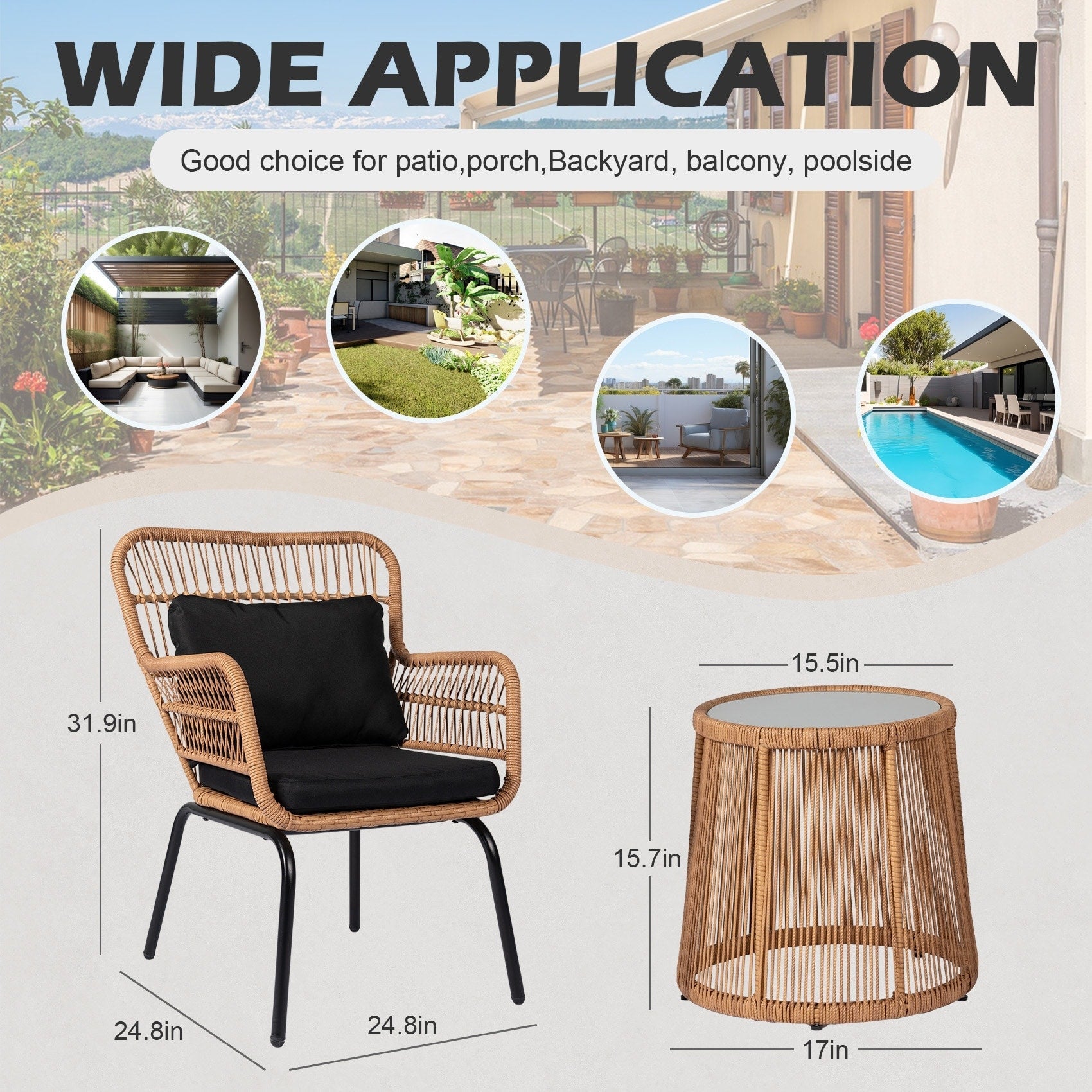 3-teiliges Bistro-Set aus Rattan für den Außenbereich, wetterfeste Rattanmöbel, Terrassenstühle mit Kissen