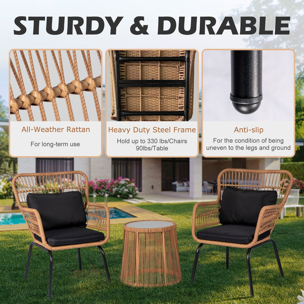 3-teiliges Bistro-Set aus Rattan für den Außenbereich, wetterfeste Rattanmöbel, Terrassenstühle mit Kissen