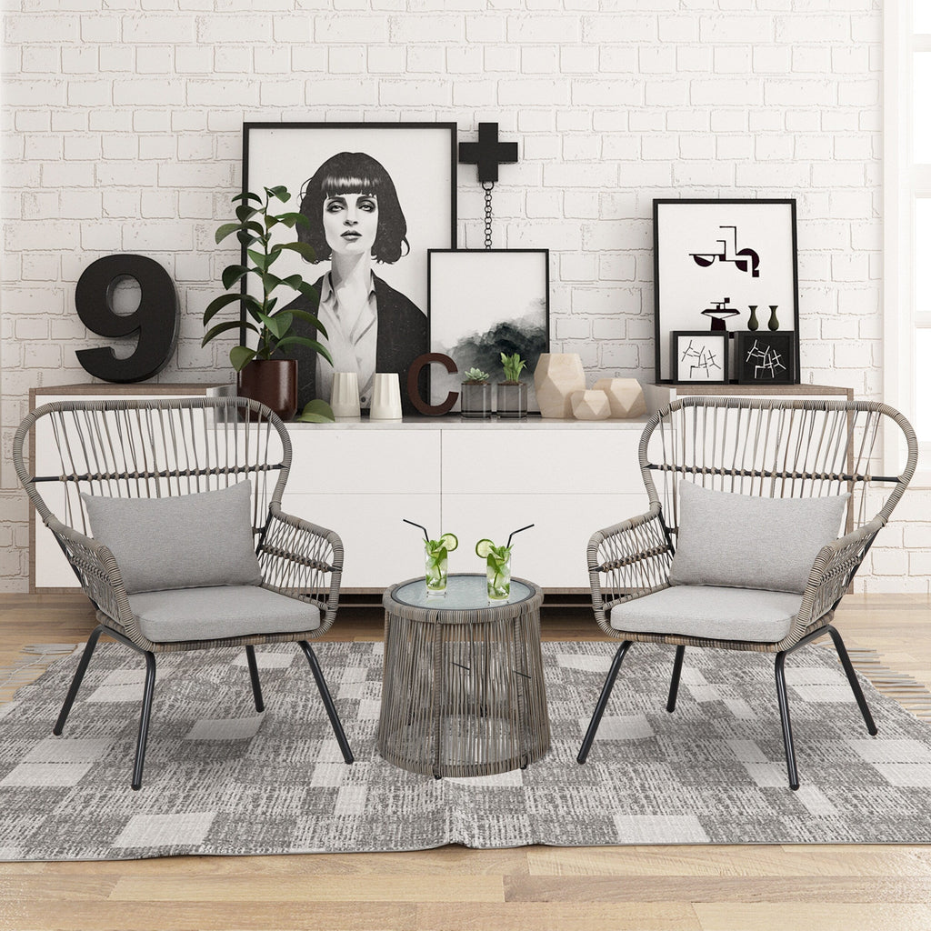 3-teiliges Bistro-Set aus Rattan für den Außenbereich, wetterfeste Rattanmöbel, Terrassenstühle mit Kissen