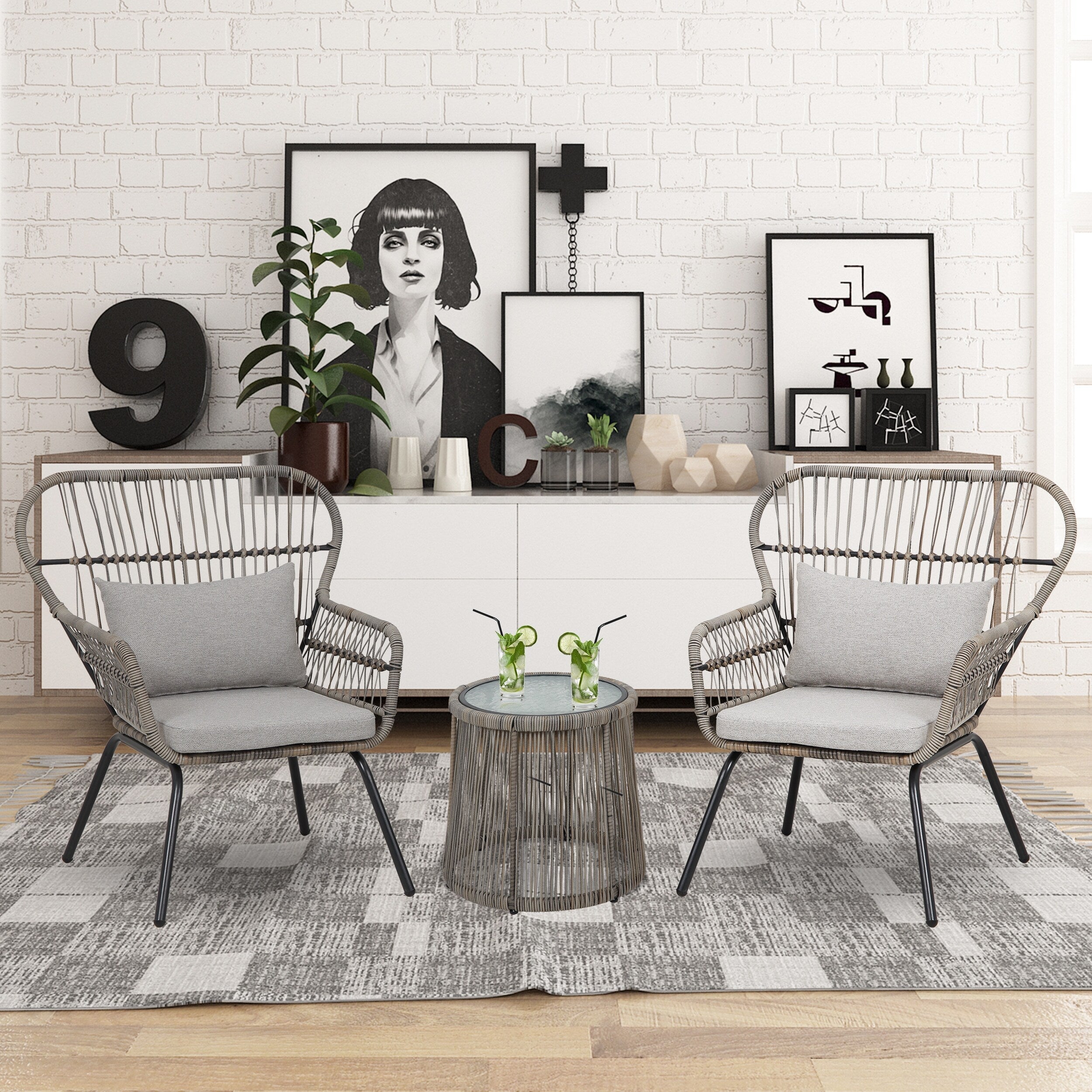 3-teiliges Bistro-Set aus Rattan für den Außenbereich, wetterfeste Rattanmöbel, Terrassenstühle mit Kissen